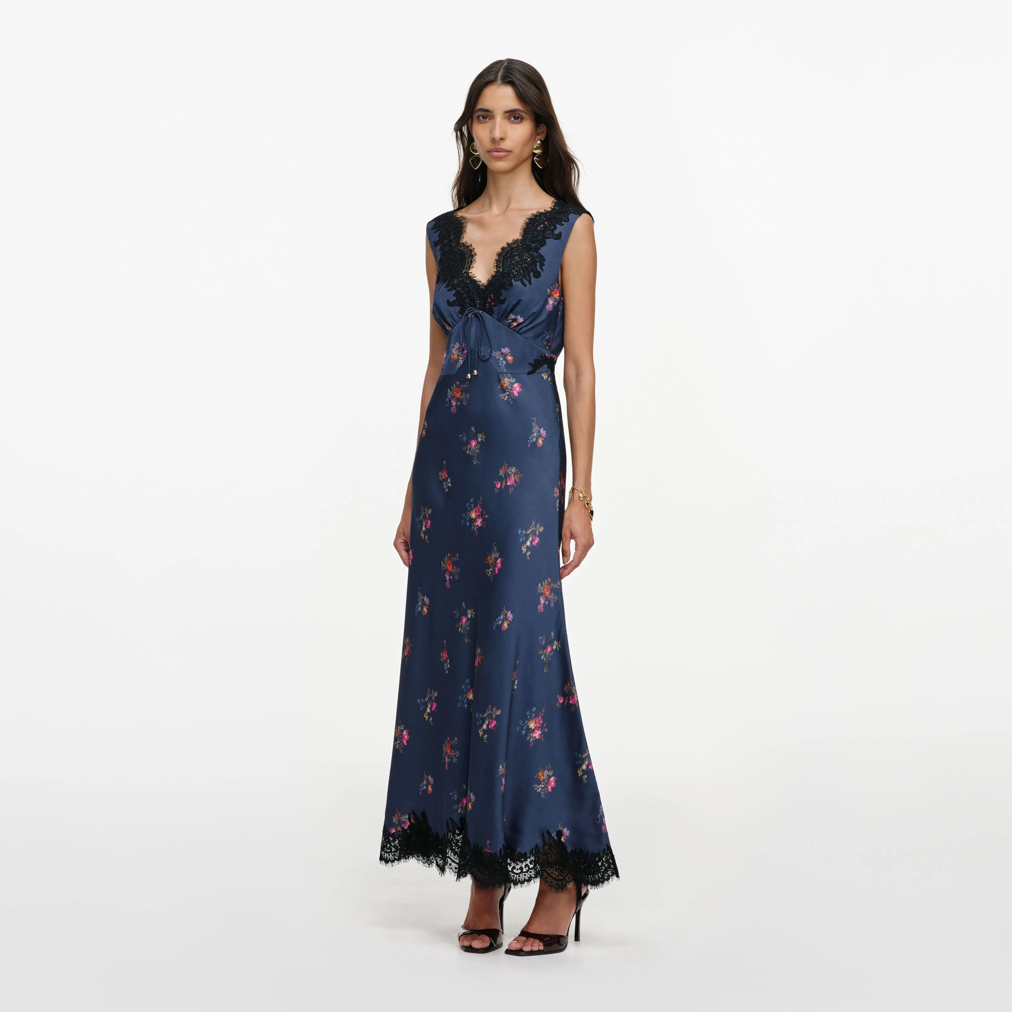Navy Satin Printed Lace Midi Dress - Image 2