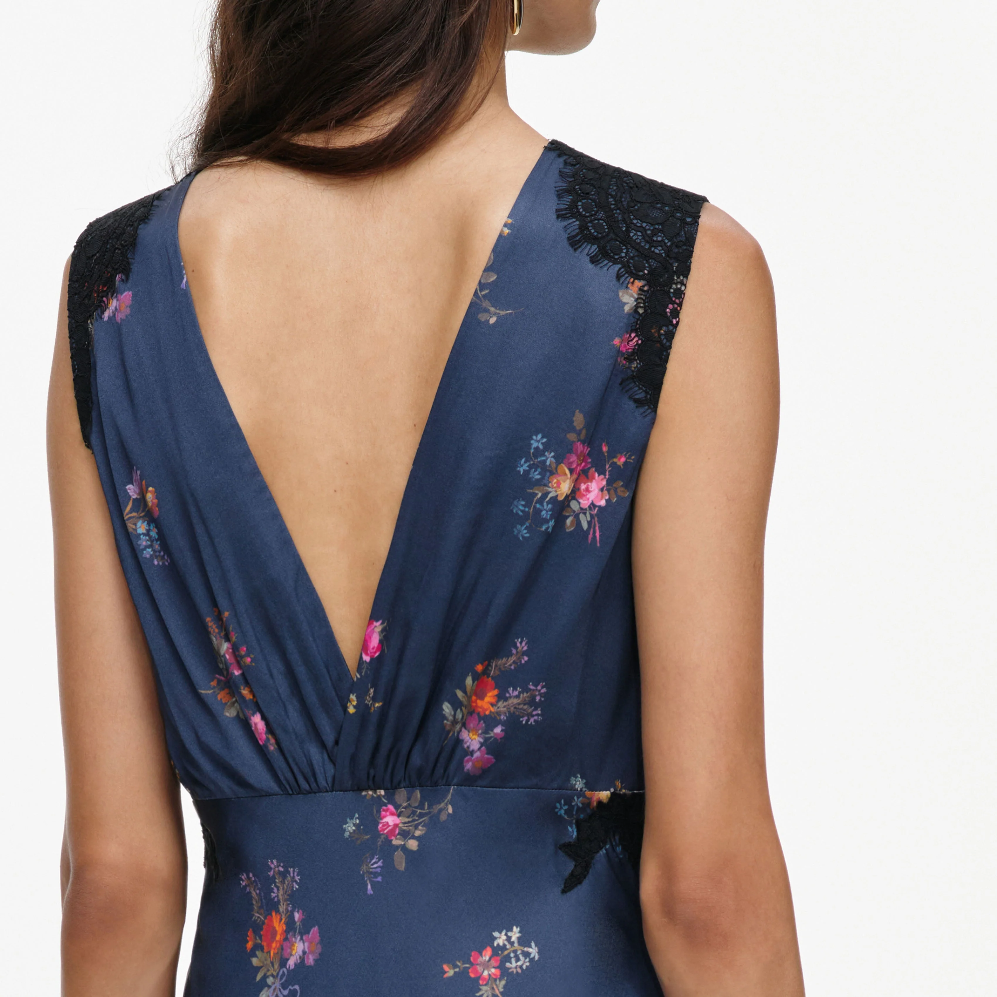 Navy Satin Printed Lace Midi Dress - Image 5