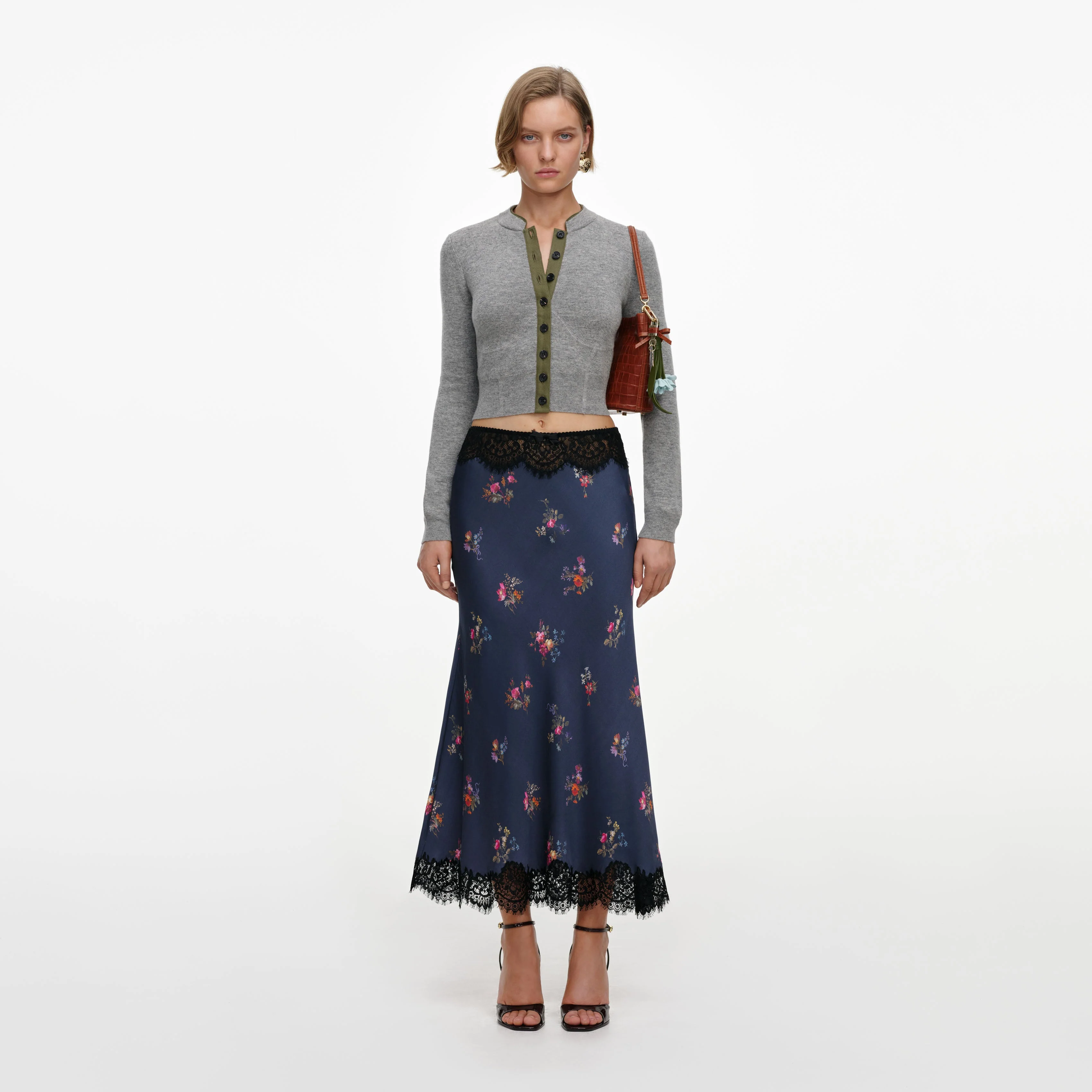 Navy Satin Printed Lace Midi Skirt
