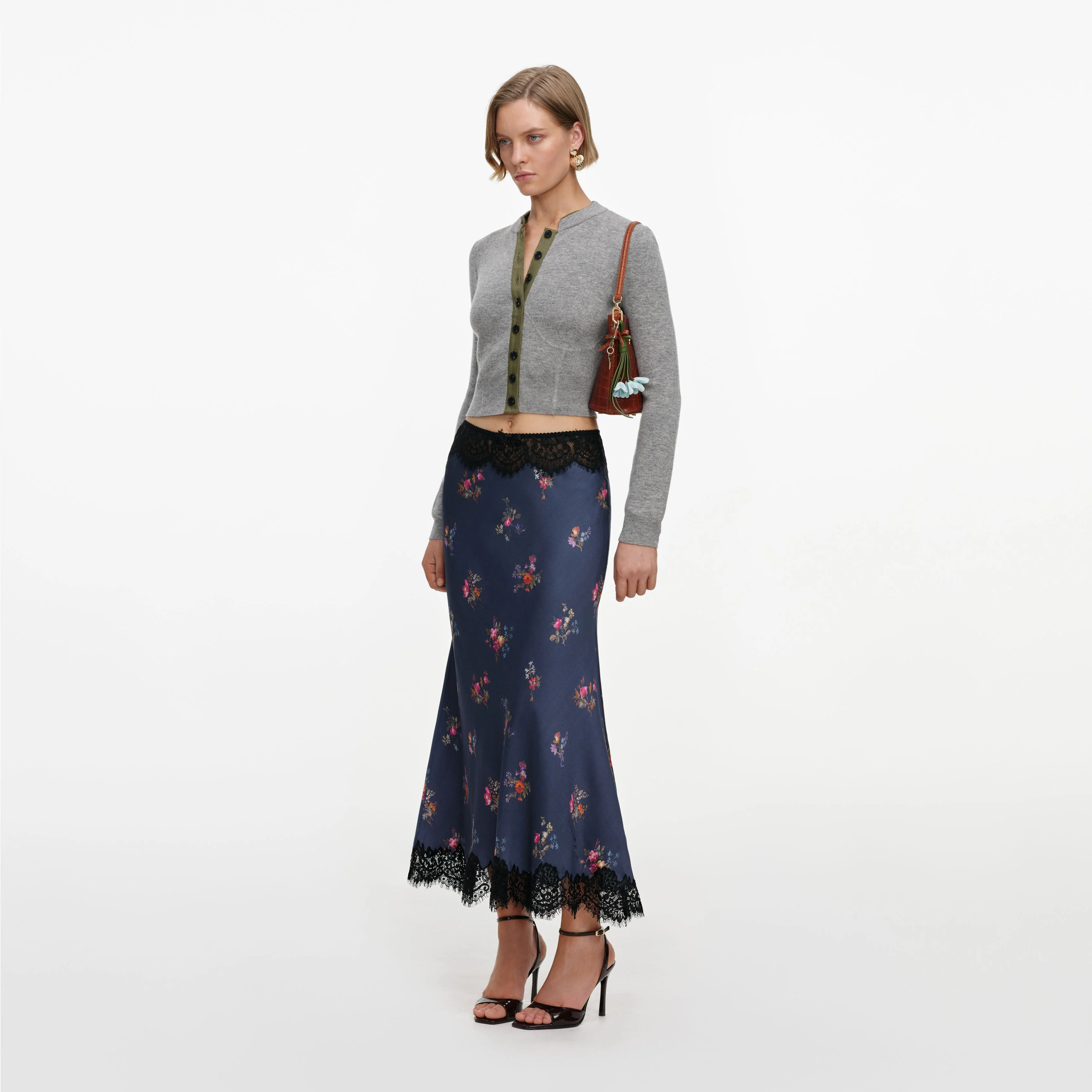 Navy Satin Printed Lace Midi Skirt - Image 2