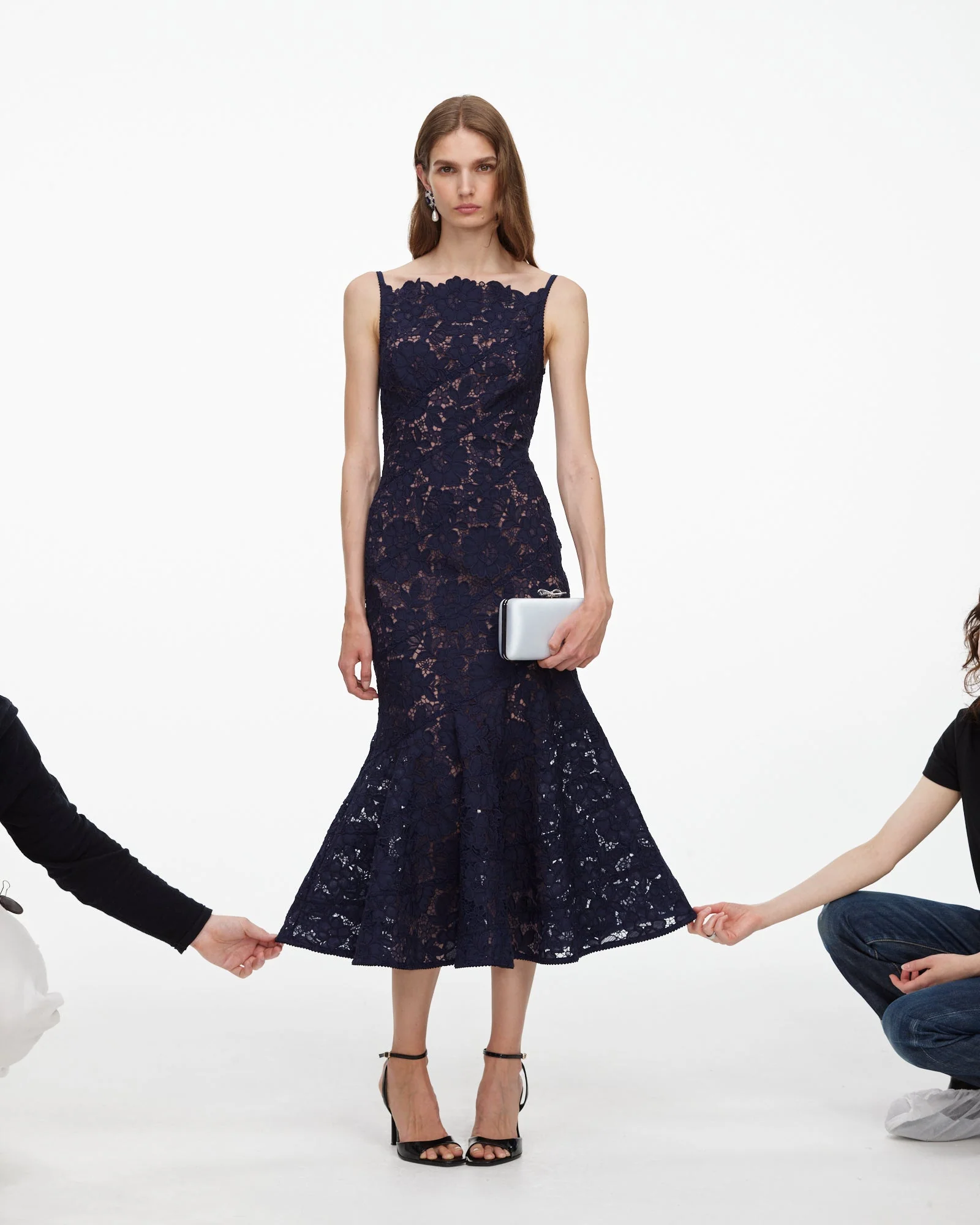 Navy Spiral Lace Midi Dress - Image 6