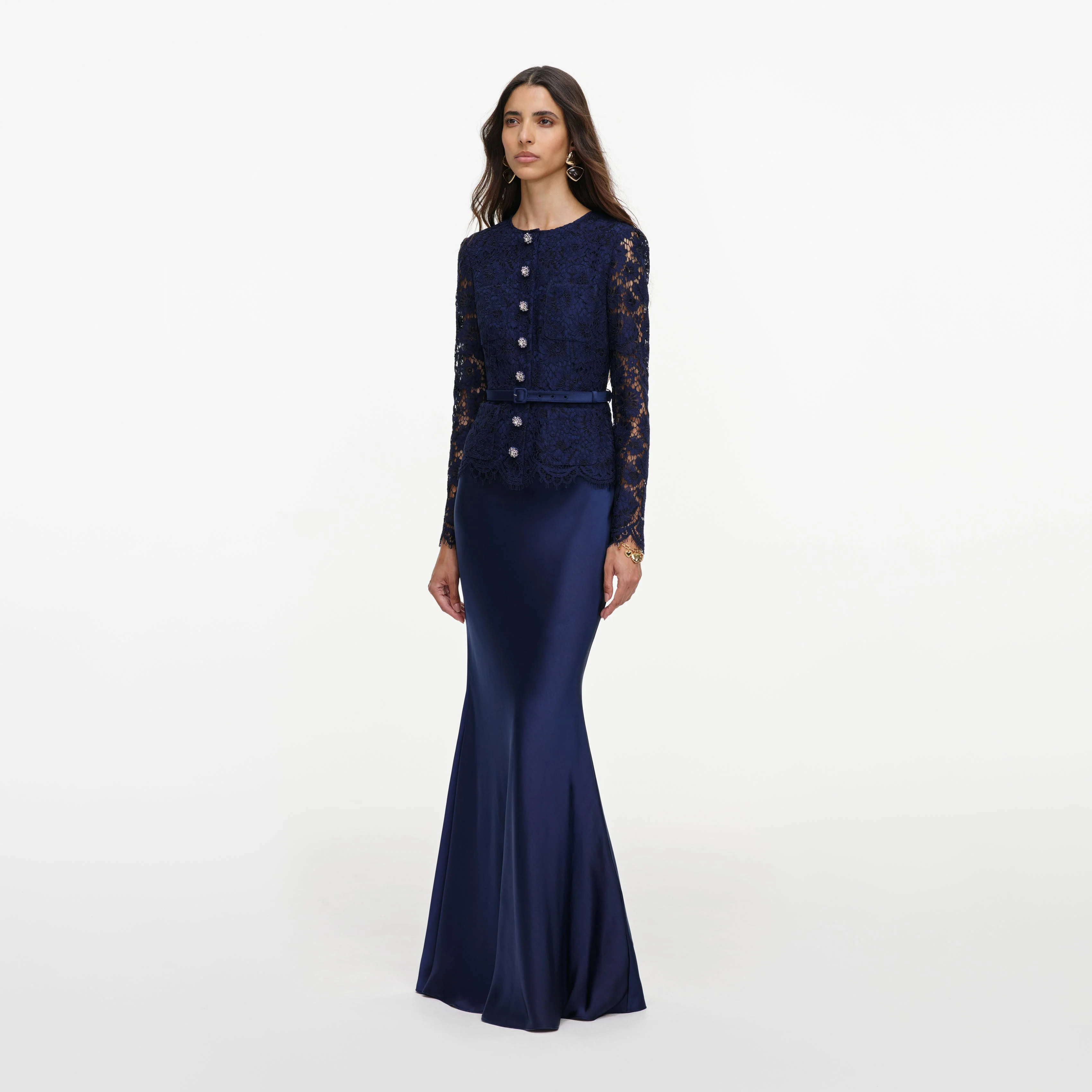 Navy Tailored Lace Satin Maxi Dress - Image 2