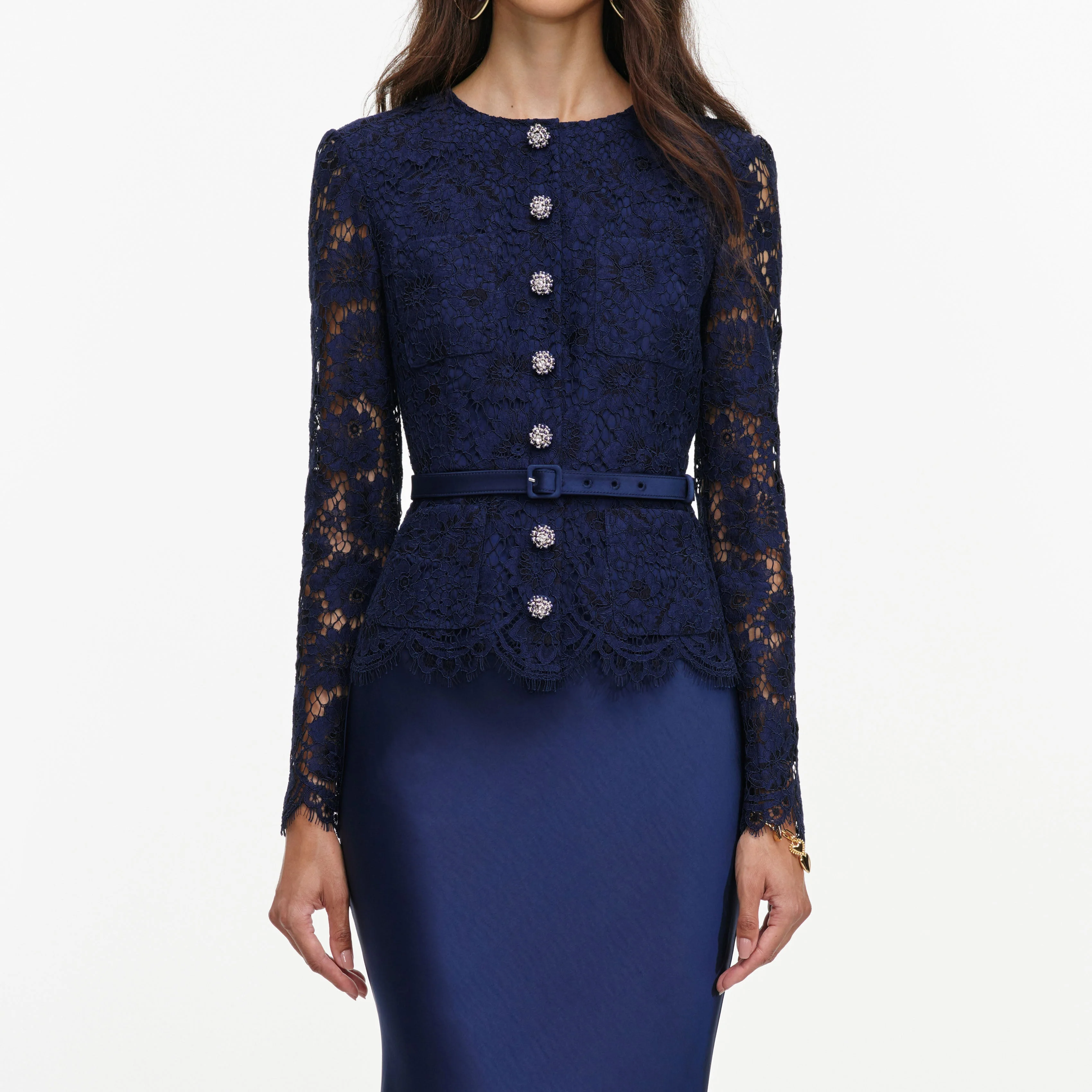 Navy Tailored Lace Satin Maxi Dress - Image 4
