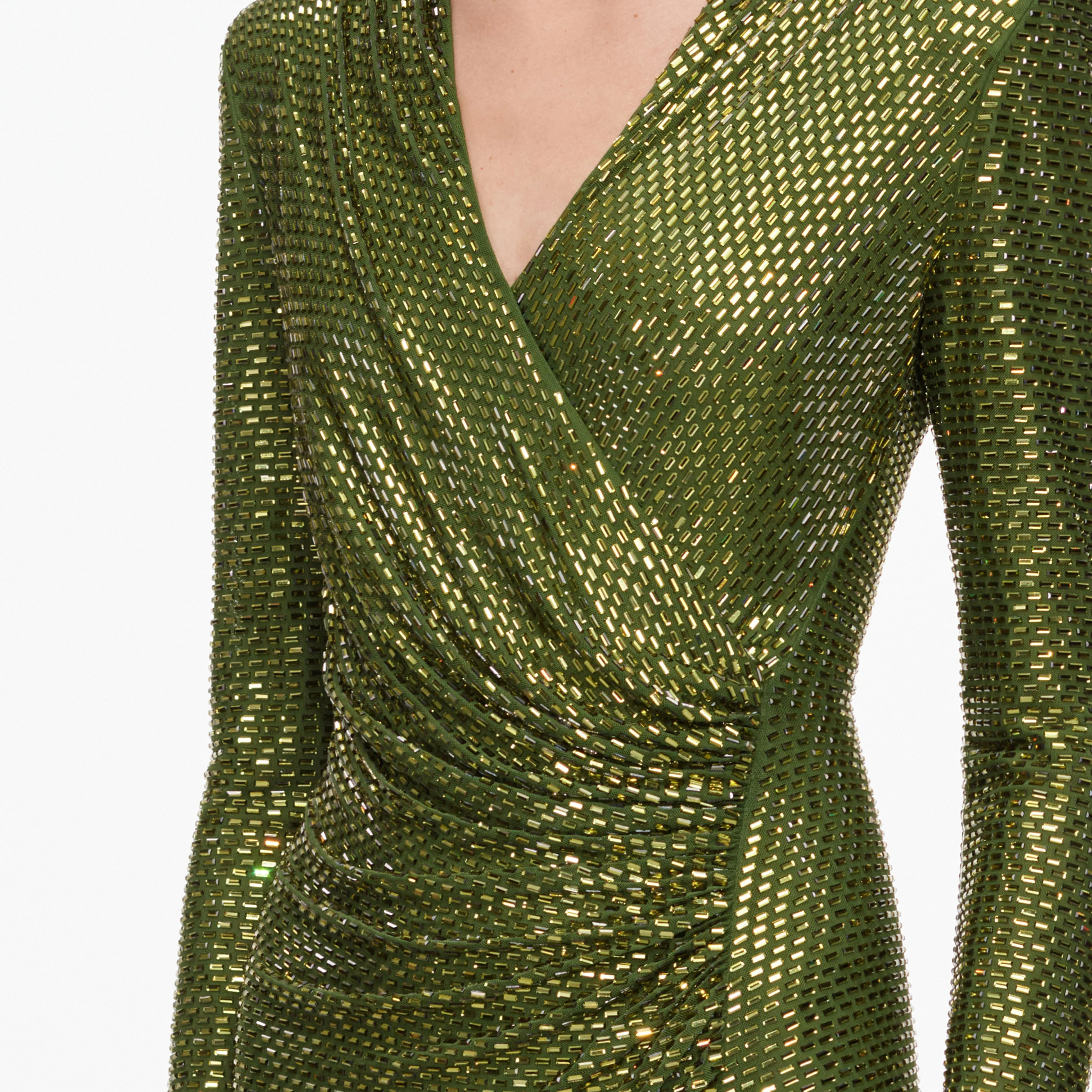 Olive Rhinestone Mesh Wrap Midi Dress - Image 5