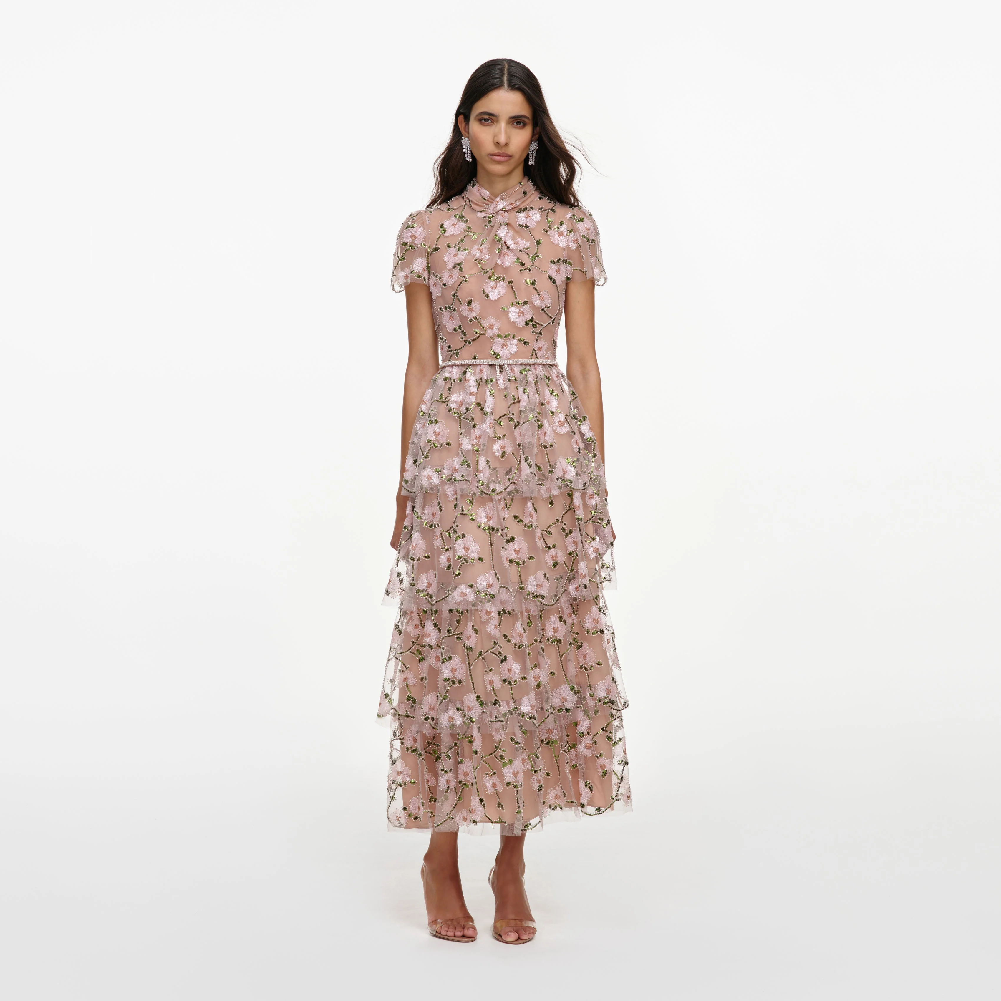 Pink Sequin Embellished Tiered Midi Dress