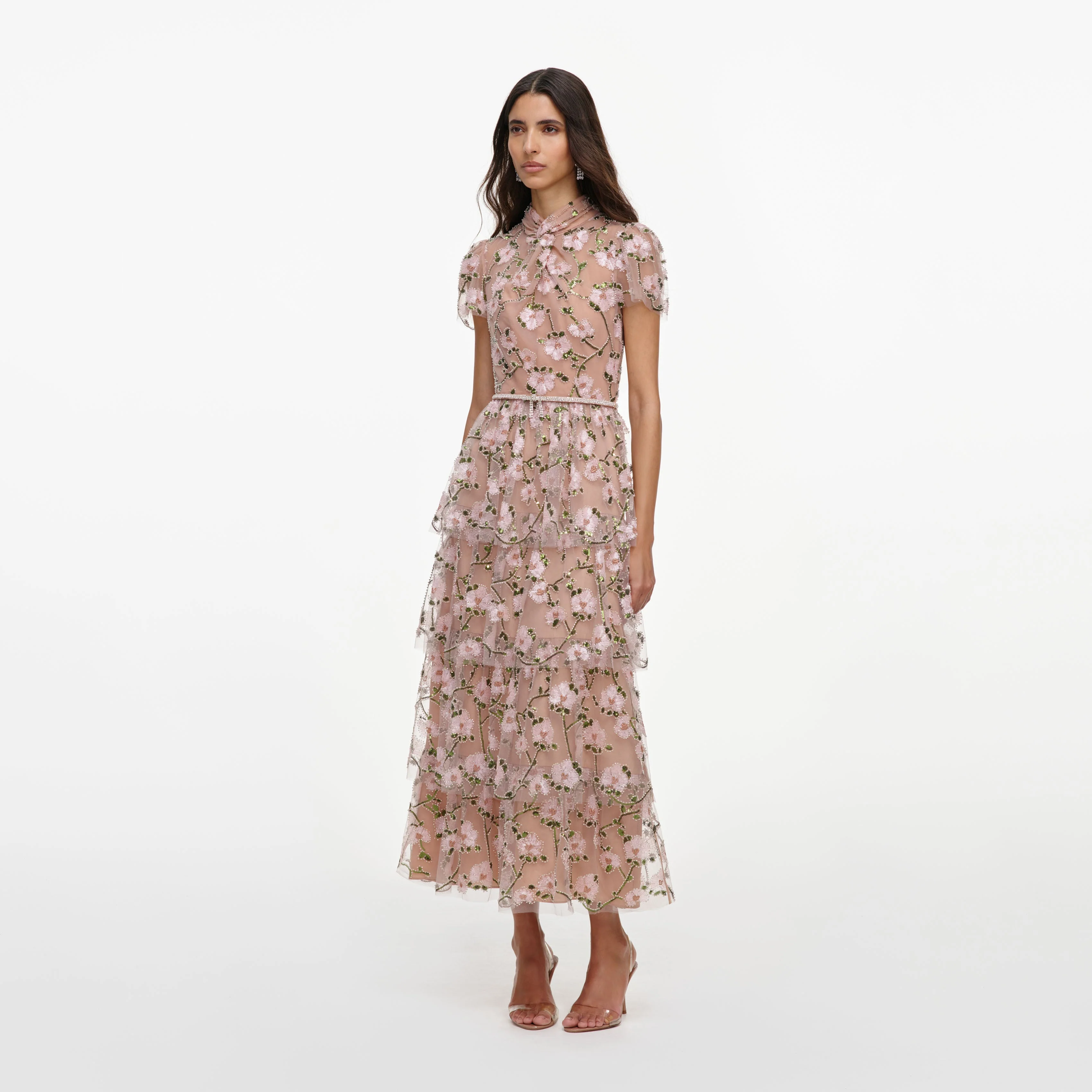 Pink Sequin Embellished Tiered Midi Dress - Image 2