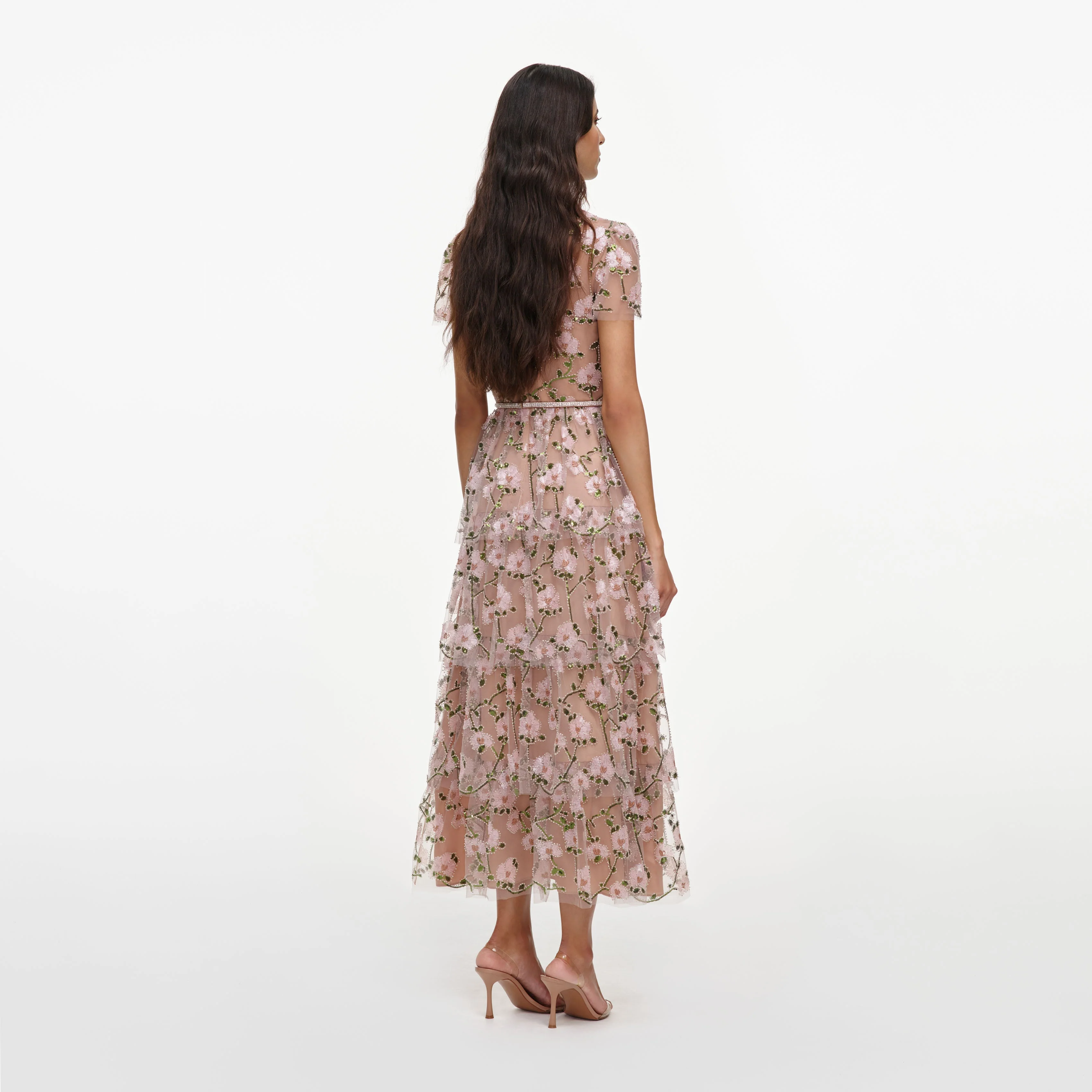 Pink Sequin Embellished Tiered Midi Dress - Image 3