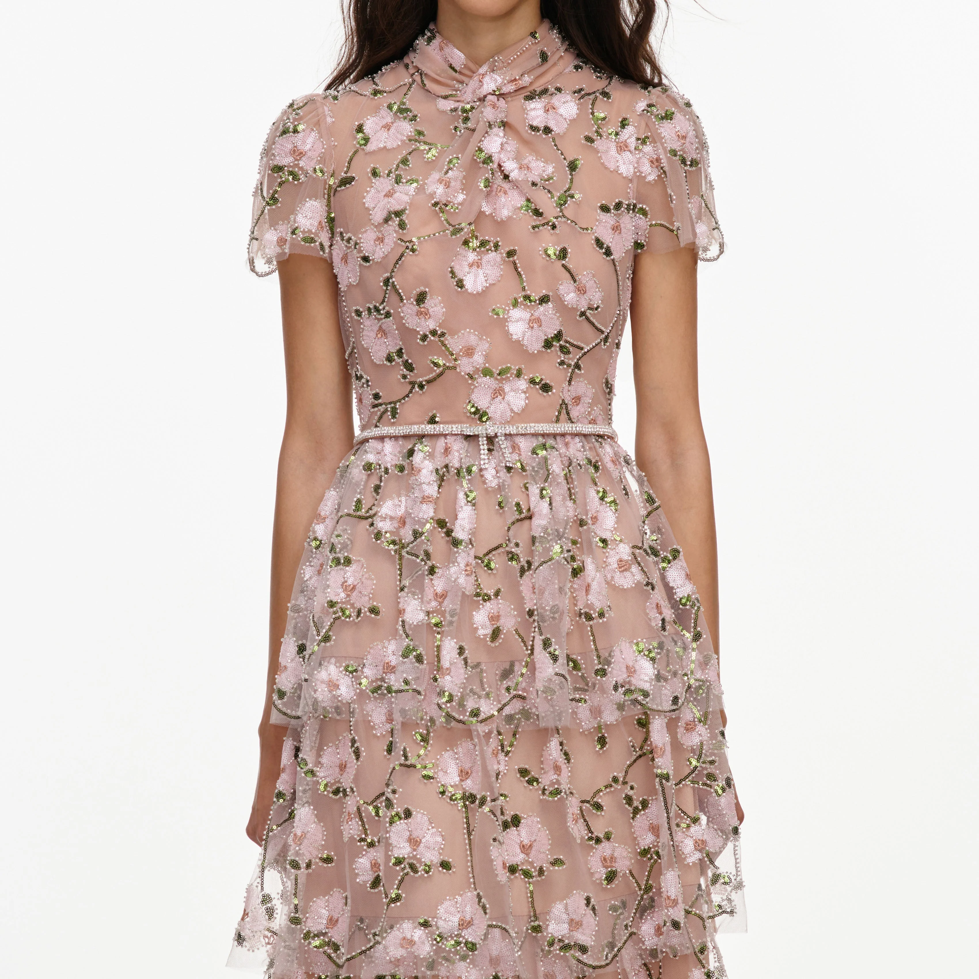Pink Sequin Embellished Tiered Midi Dress - Image 4