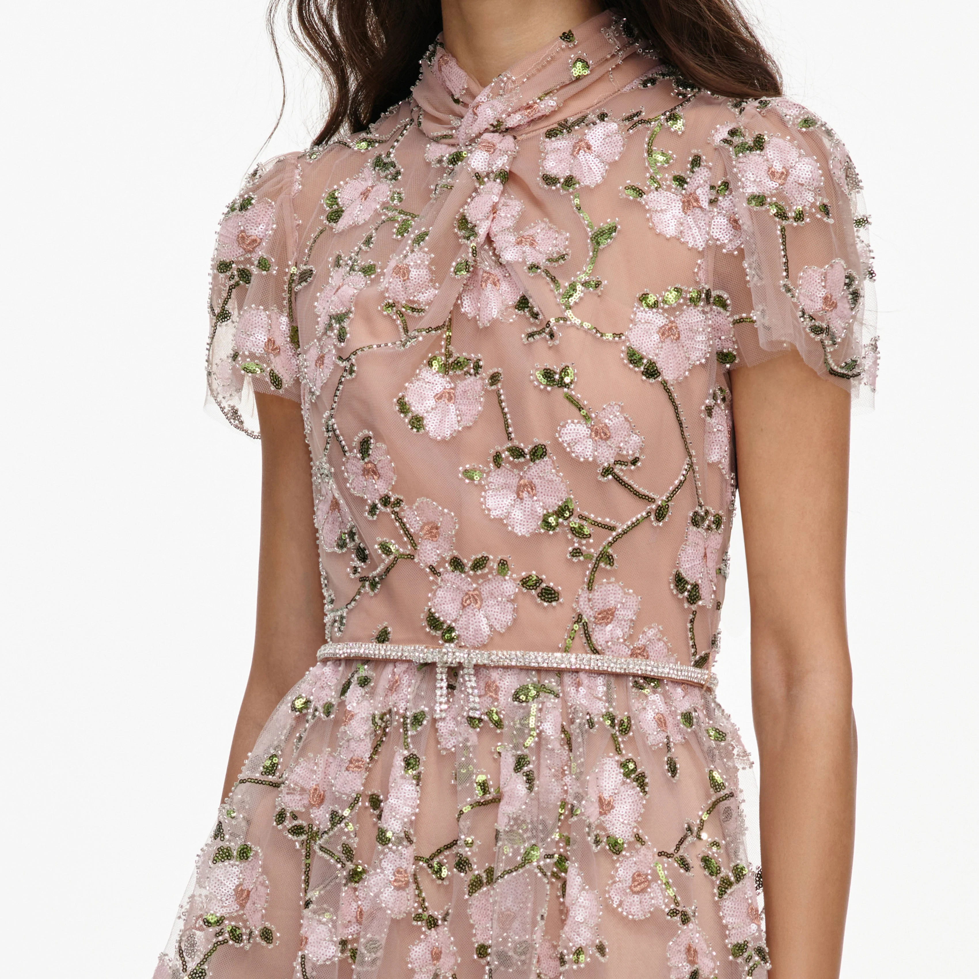 Pink Sequin Embellished Tiered Midi Dress - Image 5