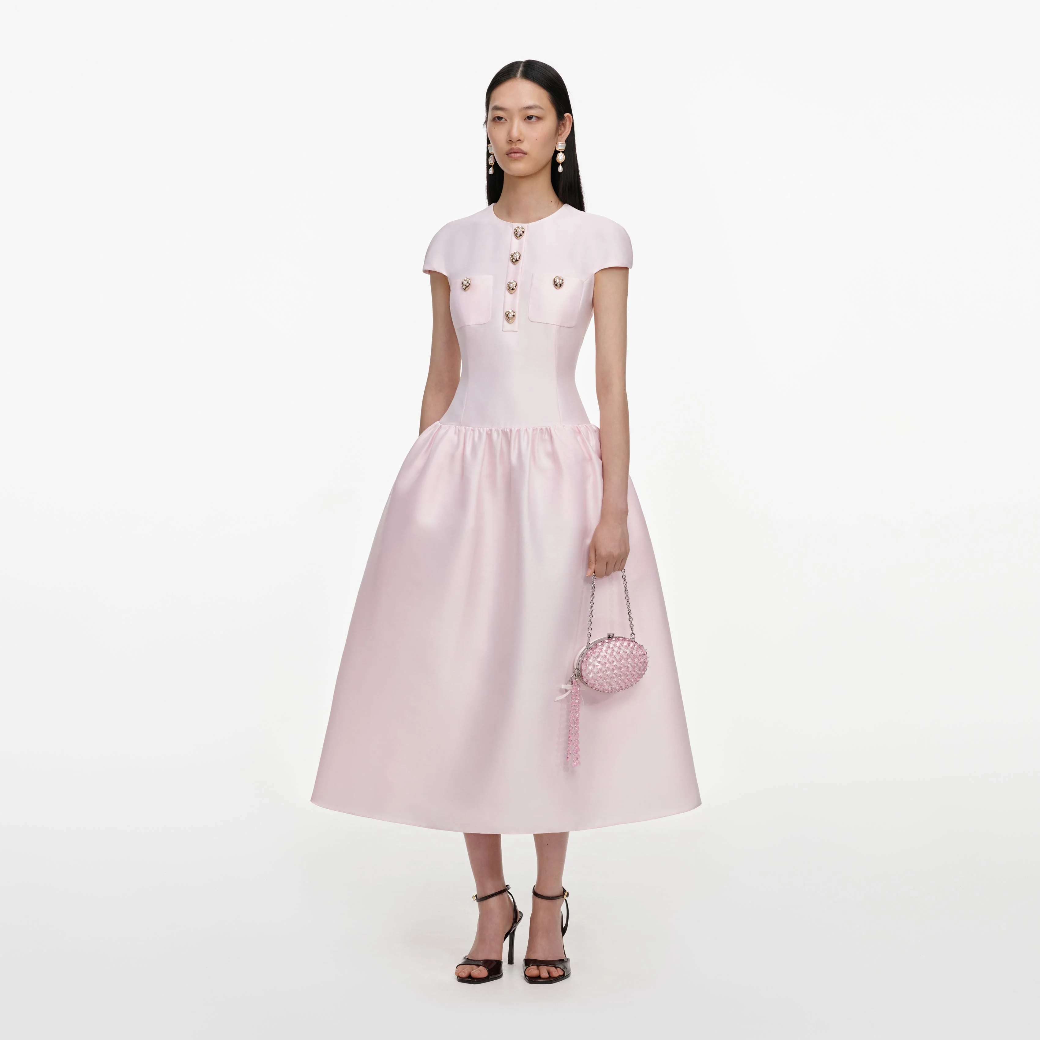 Pink Taffeta Buttoned Midi Dress - Image 2