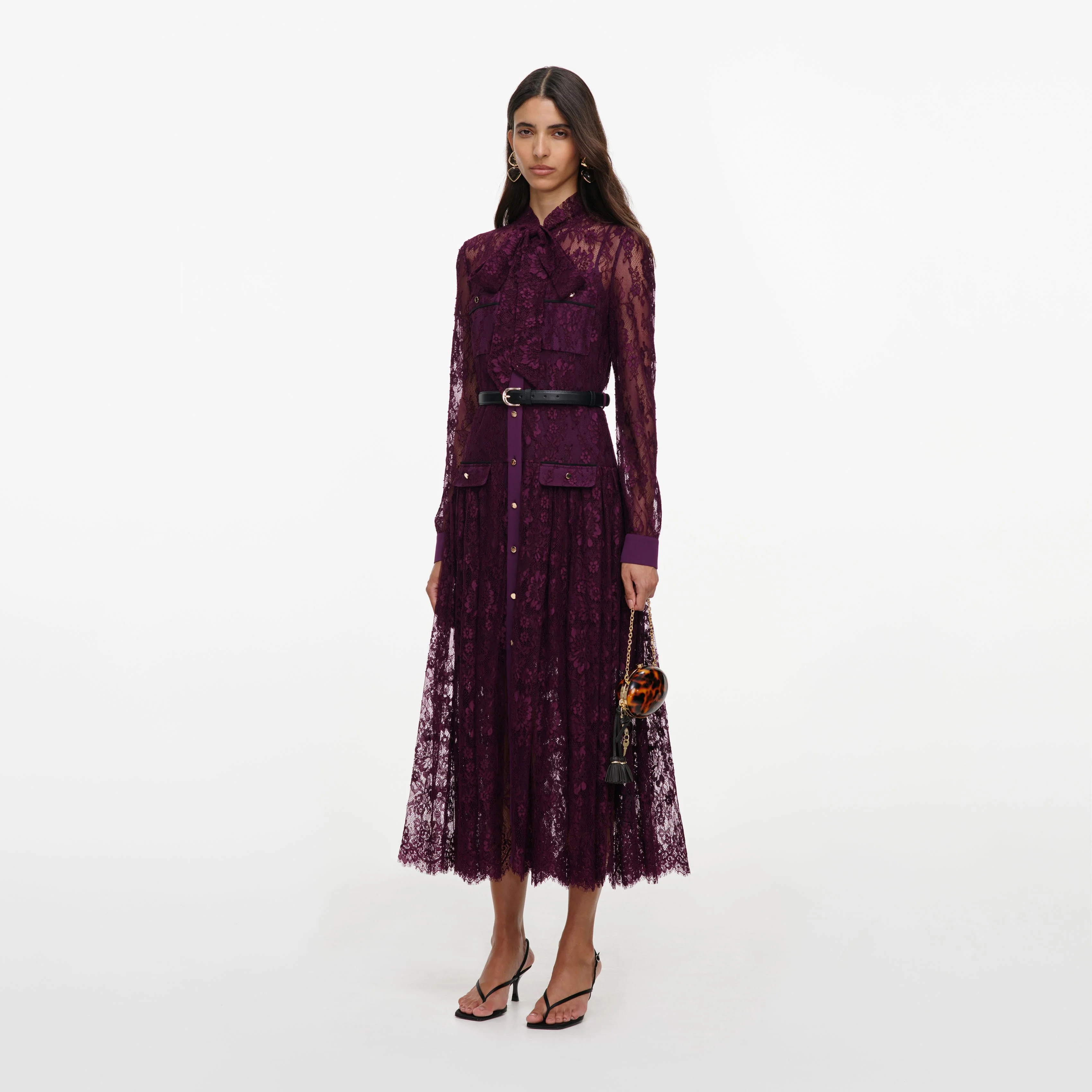 Purple Lace Tie Neck Midi Dress - Image 2