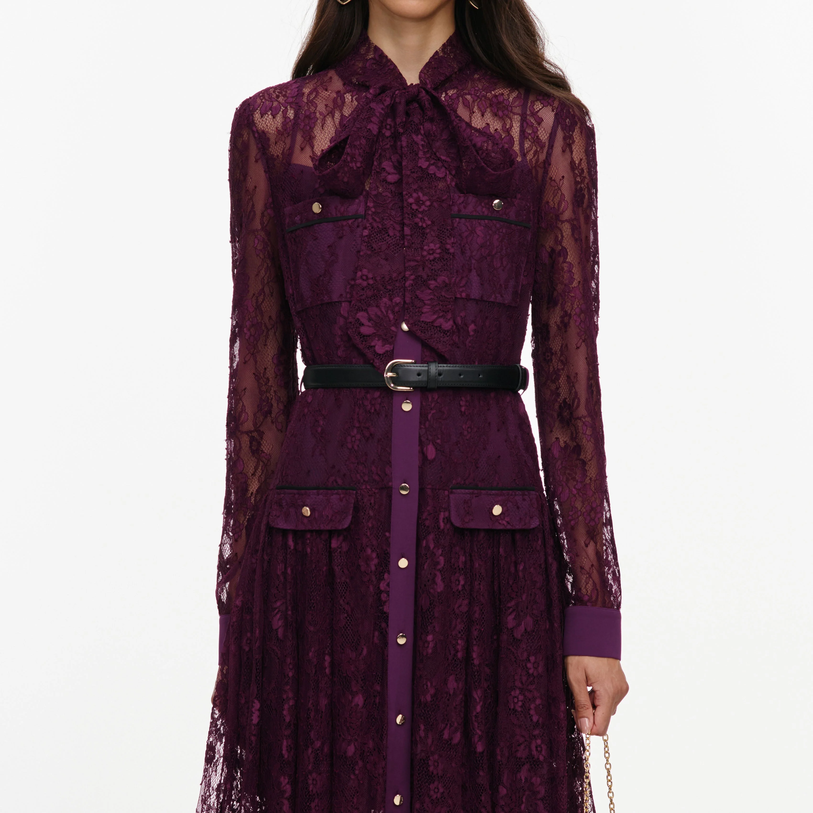 Purple Lace Tie Neck Midi Dress - Image 4