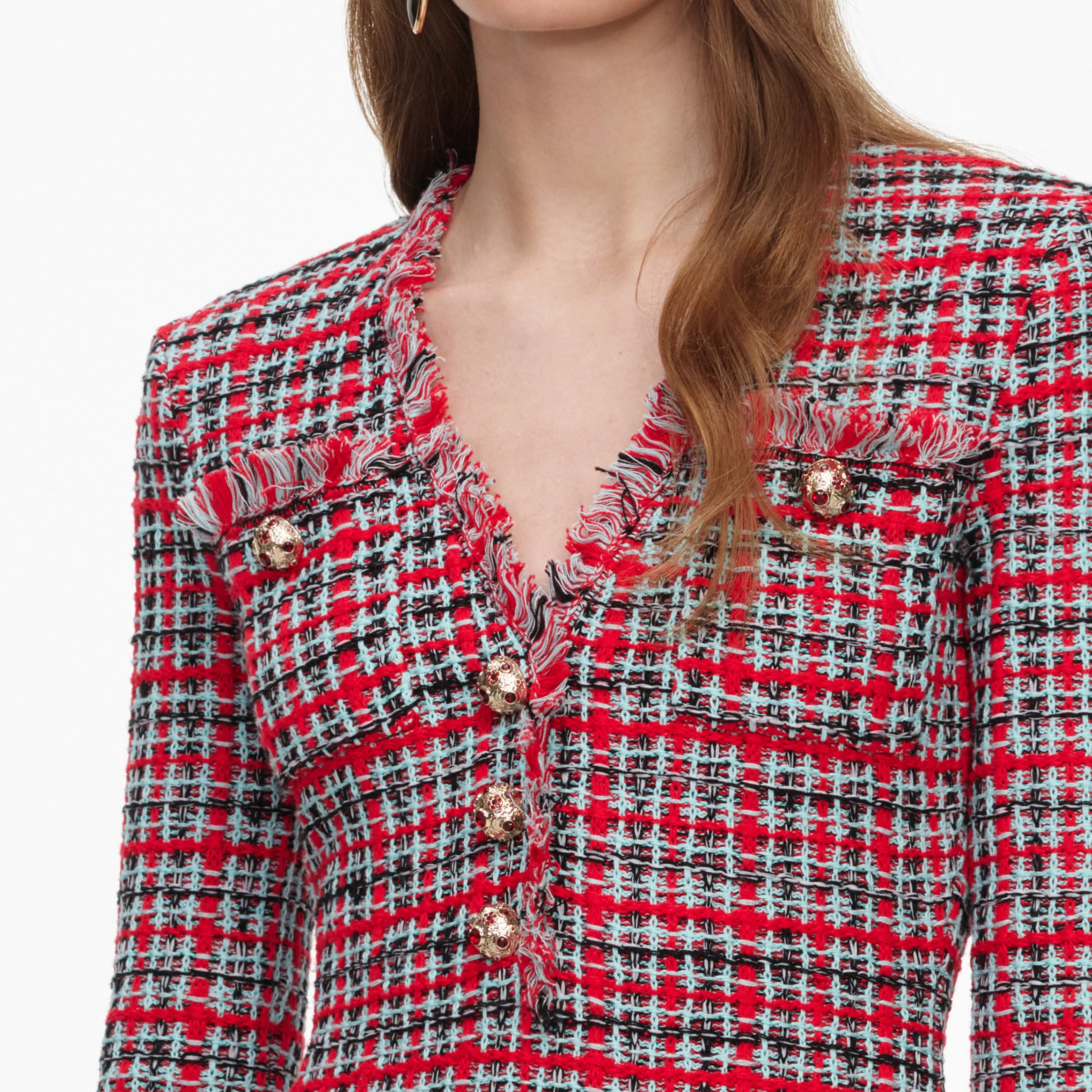 Red Check Frayed Knit Midi Dress - Image 5