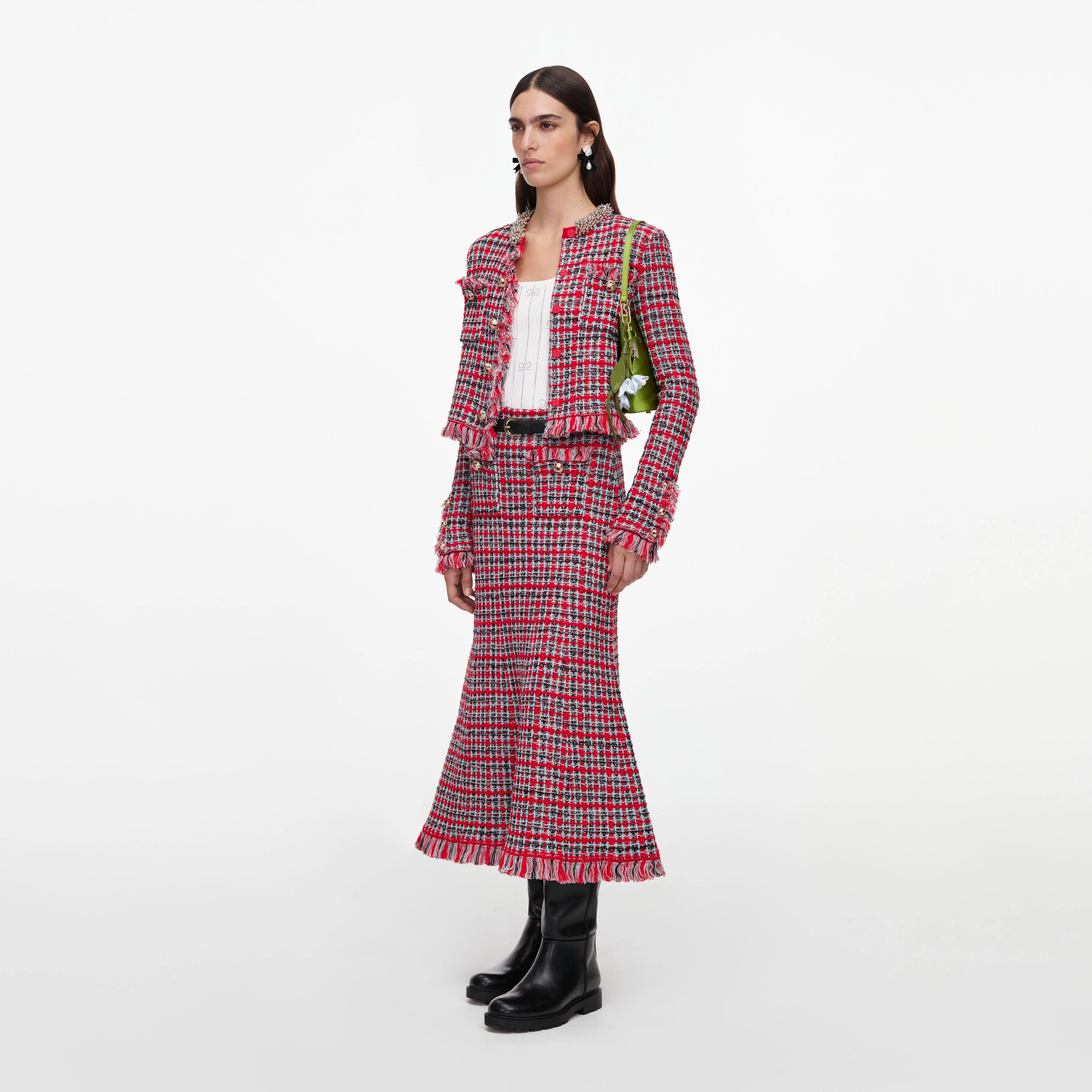 Red Check Frayed Knit Midi Skirt - Image 2