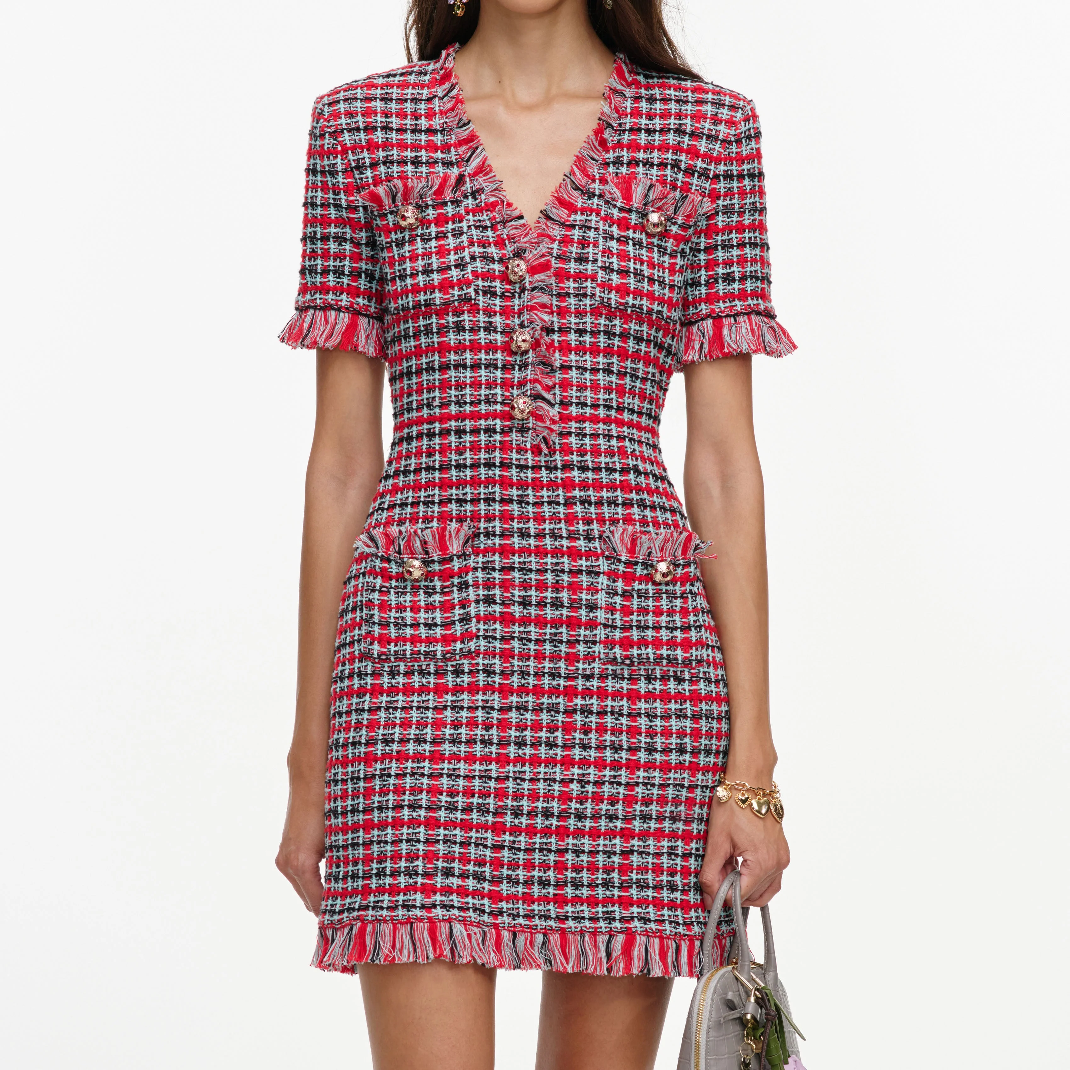Red Check Frayed Knit Mini Dress - Image 4