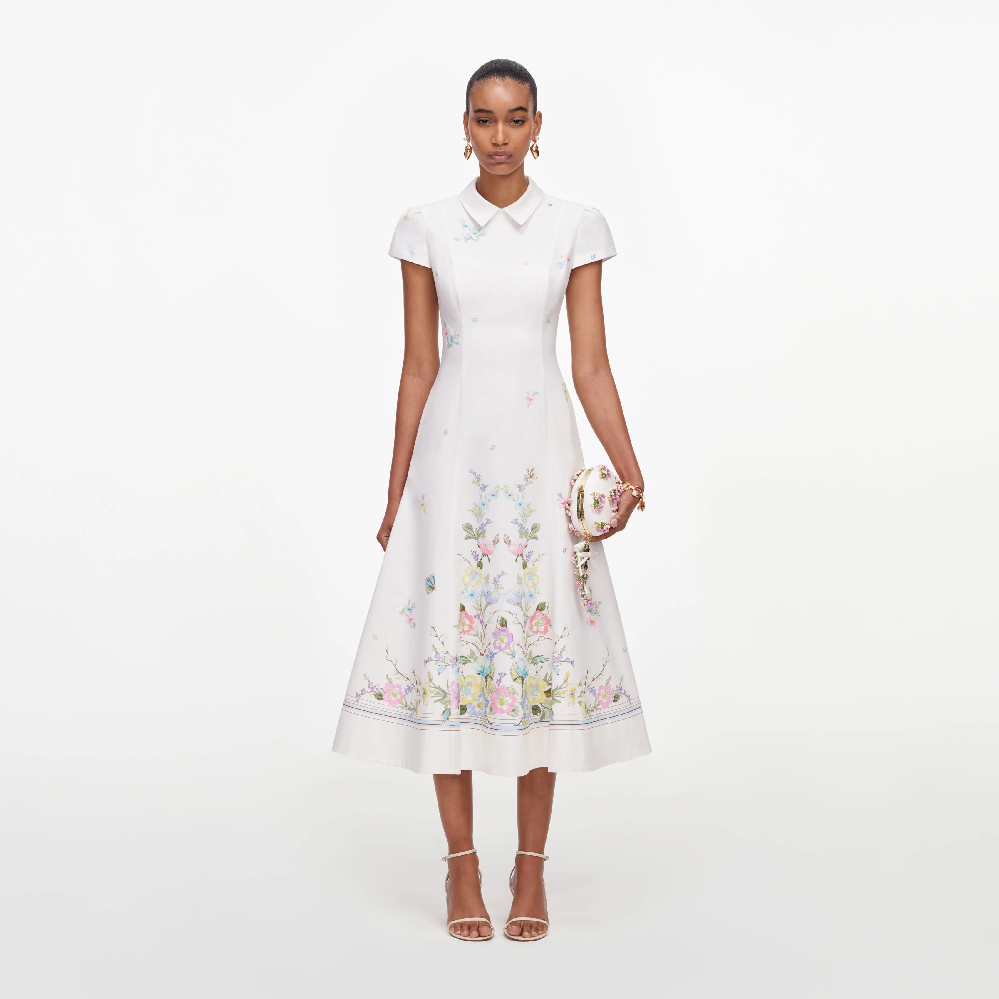 White Floral Linen Blend Midi Dress
