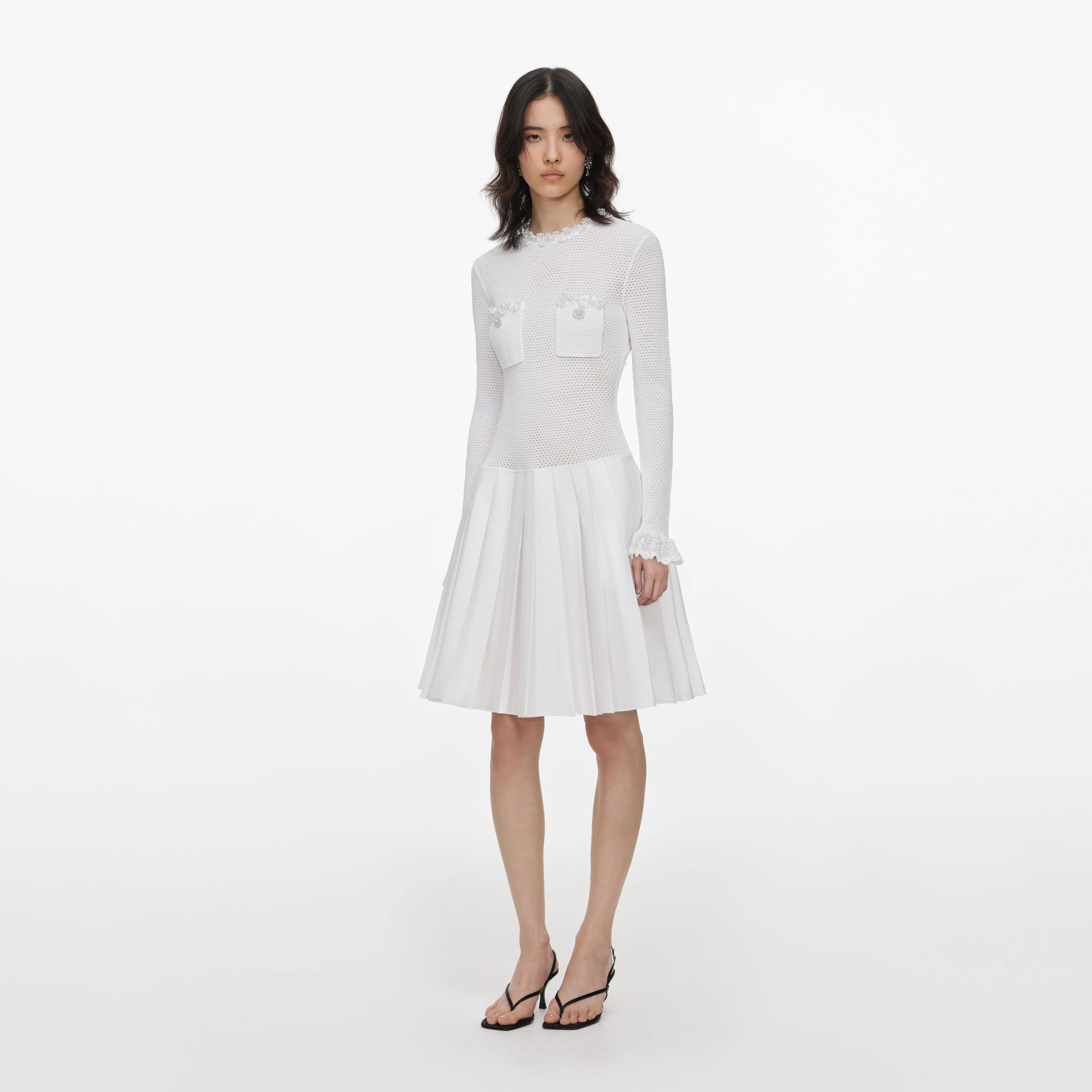 White Knit Pleated Twill Mini Dress - Image 2