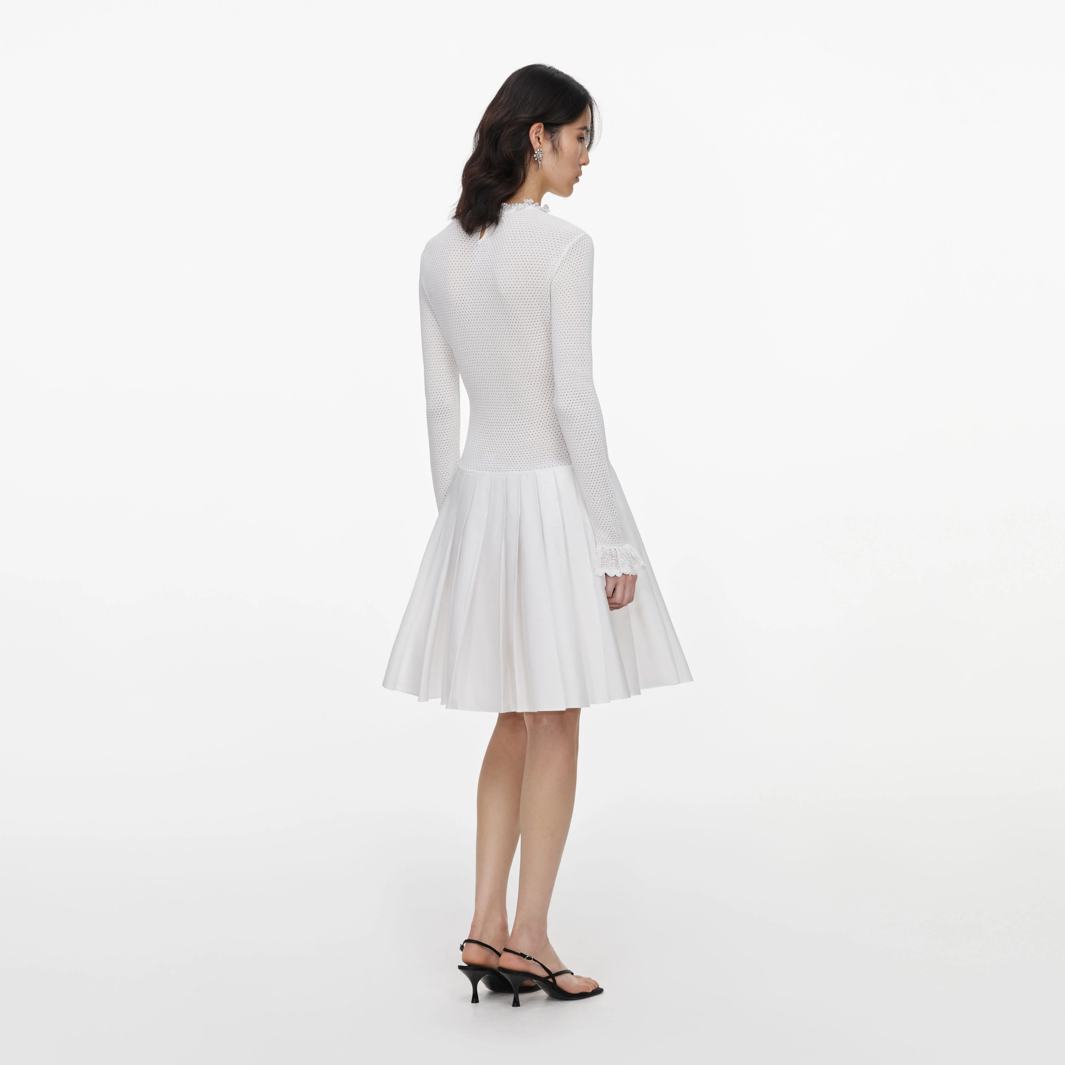 White Knit Pleated Twill Mini Dress - Image 3