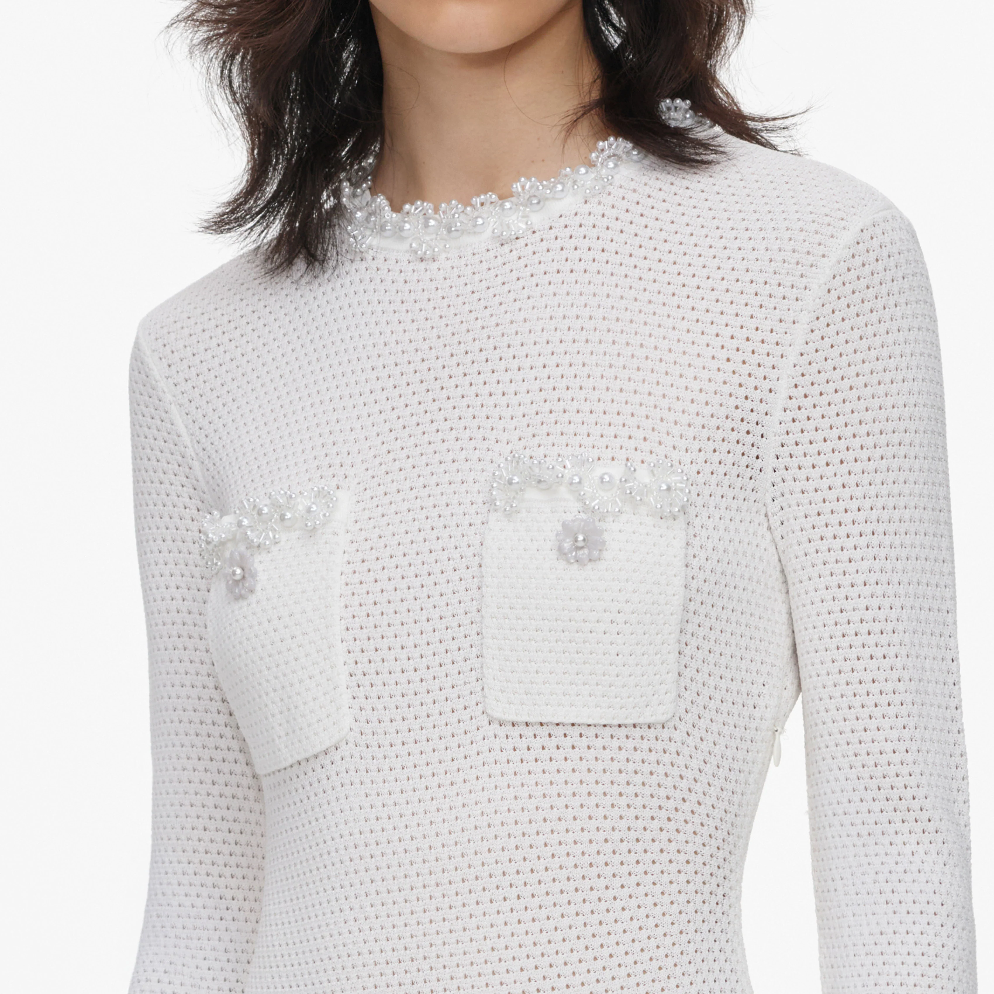 White Knit Pleated Twill Mini Dress - Image 5