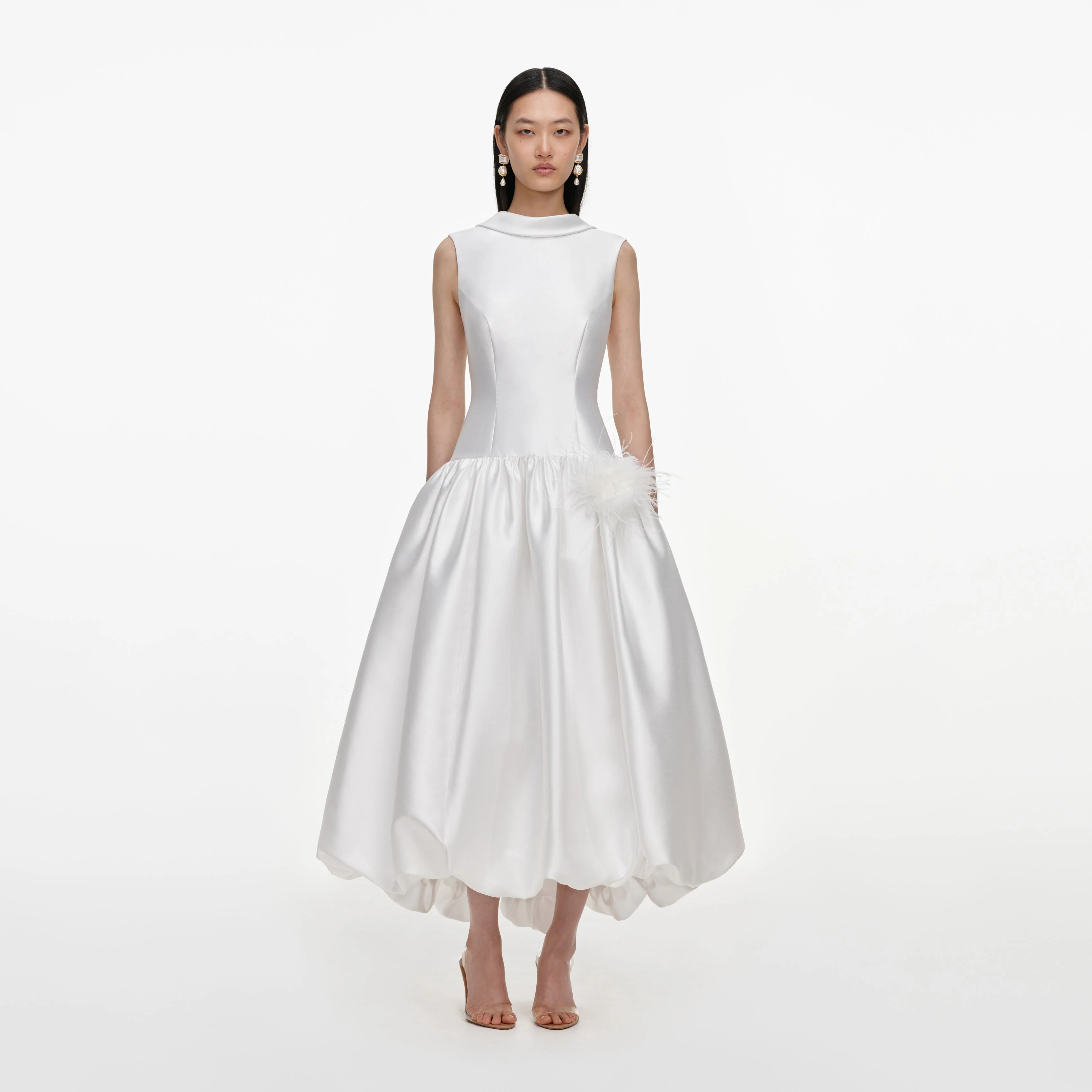 White Taffeta Bubble Hem Midi Dress
