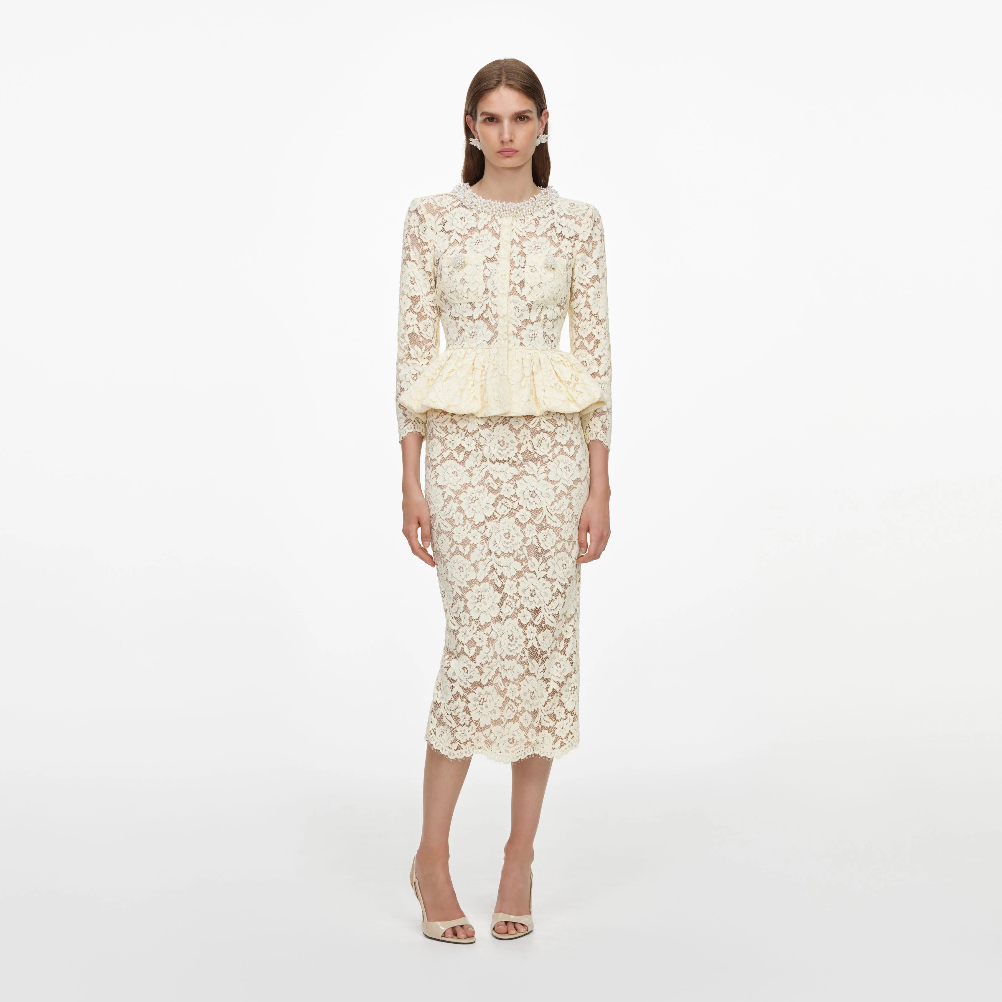 Yellow Lace Peplum Midi Dress