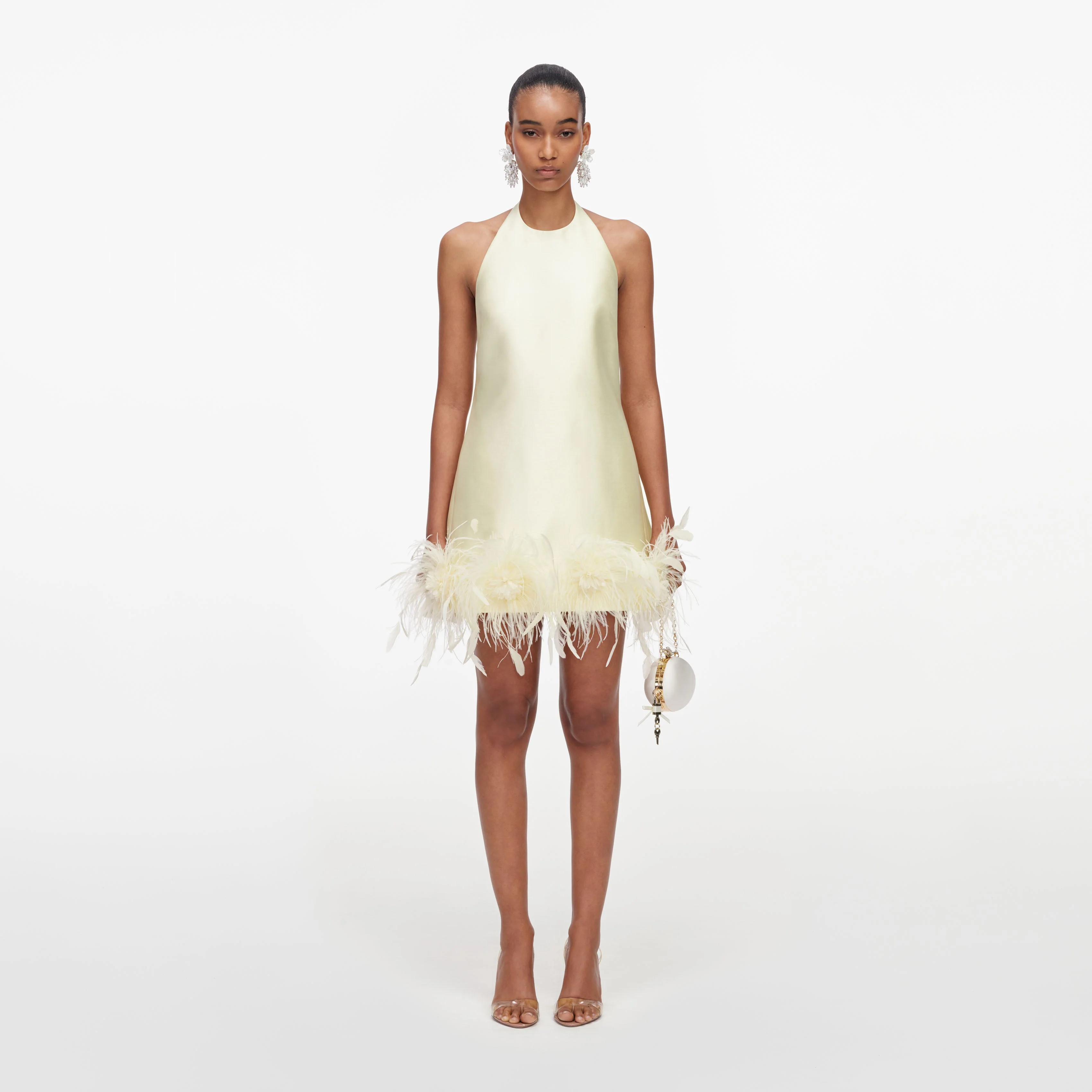 Yellow Taffeta Feather Trim Mini Dress
