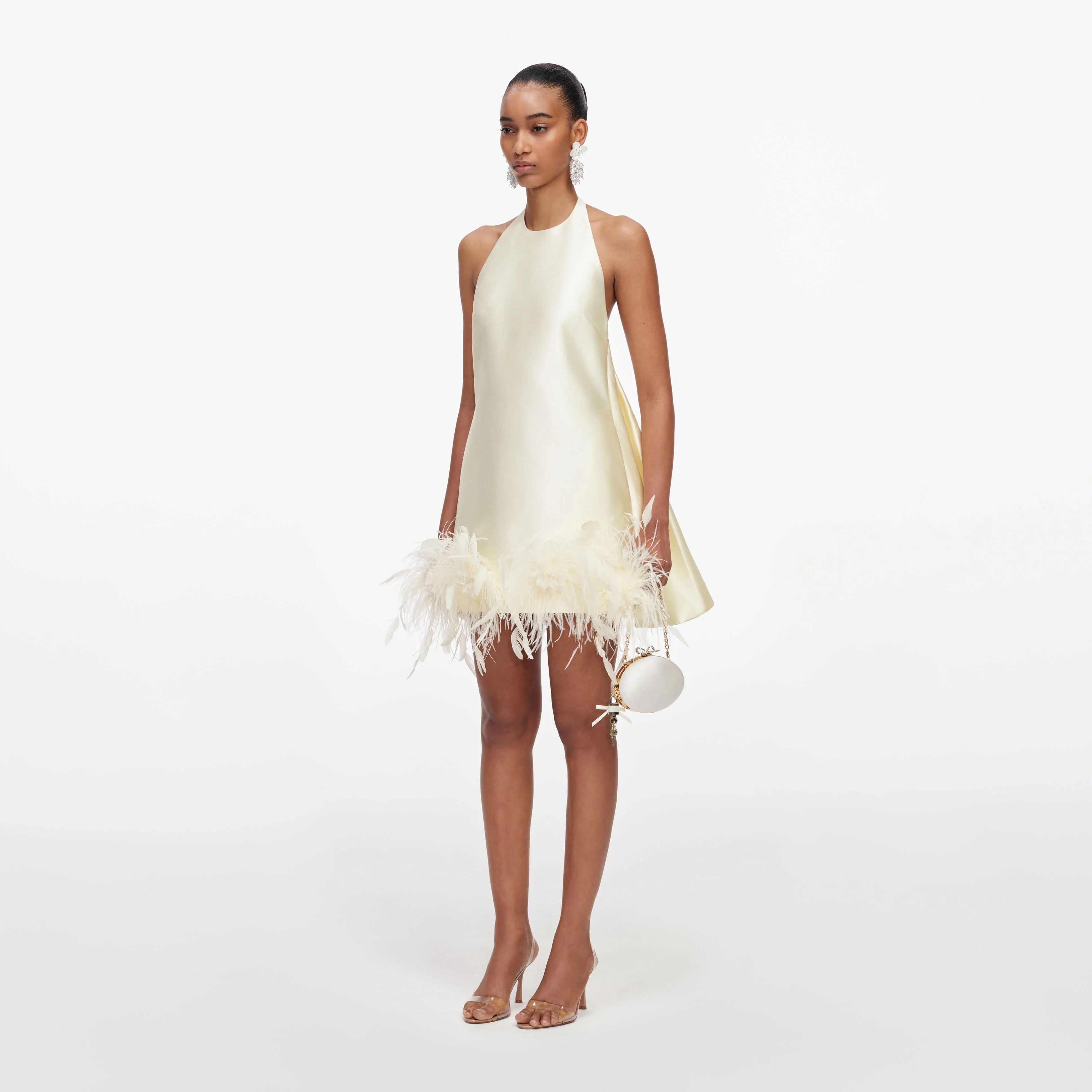Yellow Taffeta Feather Trim Mini Dress - Image 2