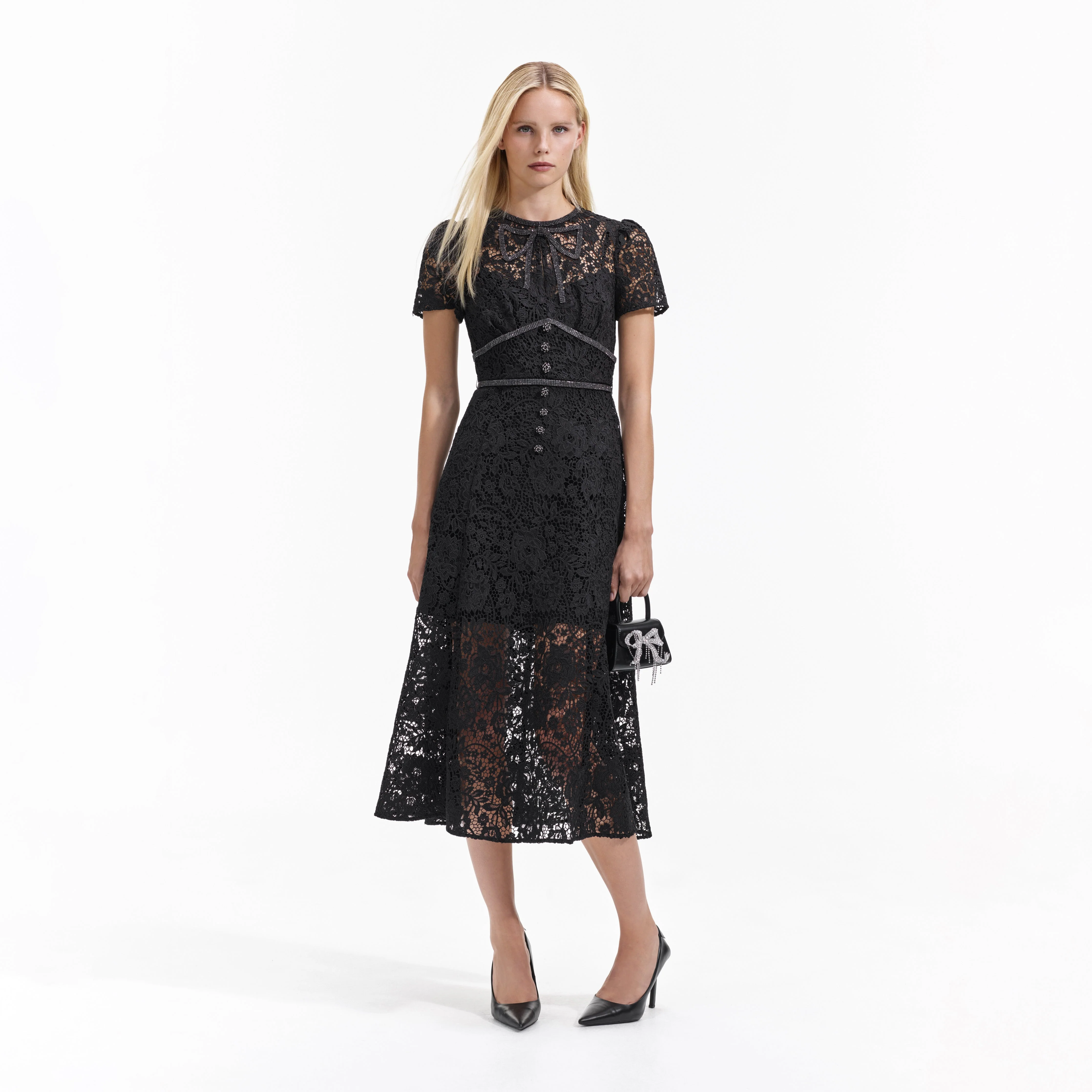Black Cord Lace Bow Midi Dress