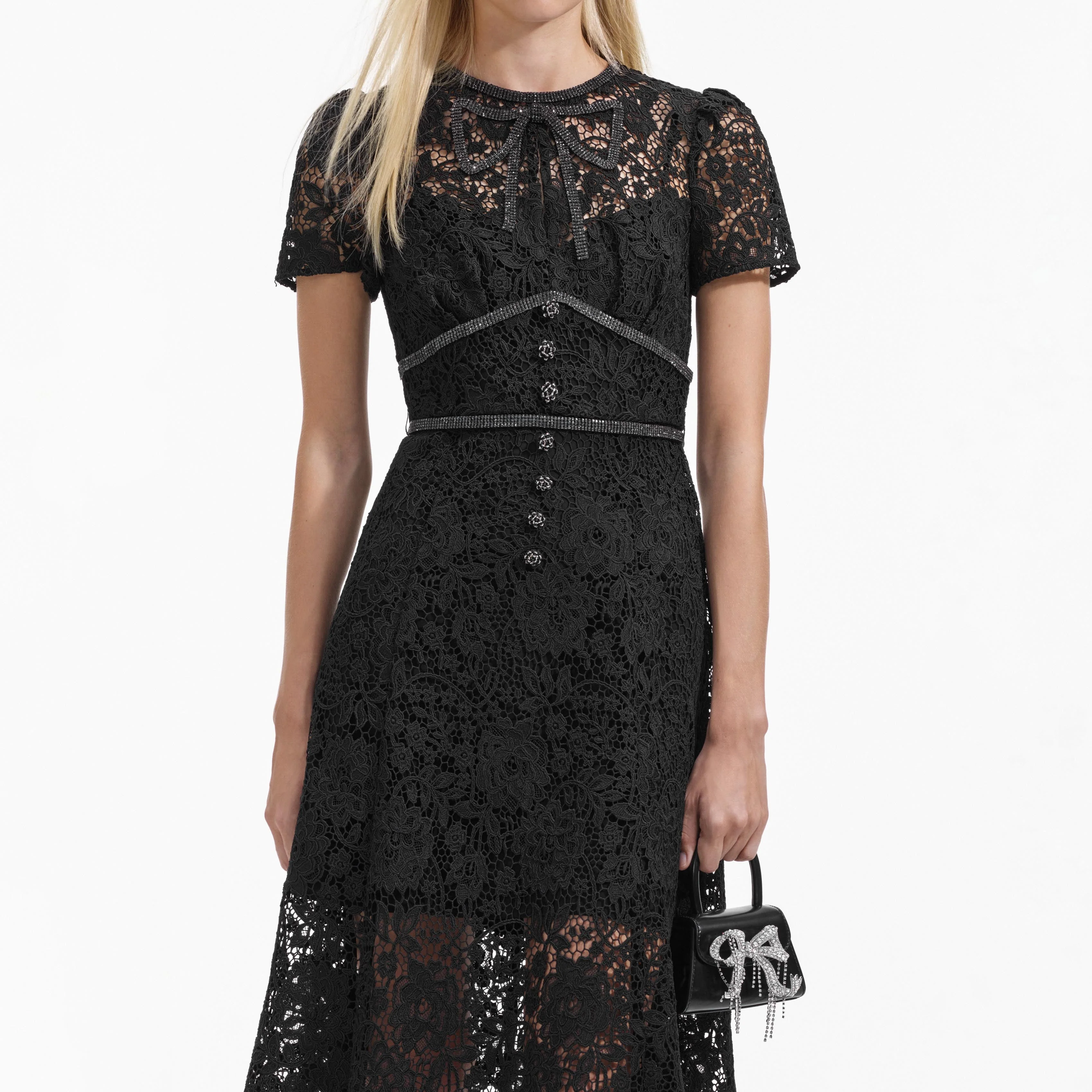Black Cord Lace Bow Midi Dress - Image 4