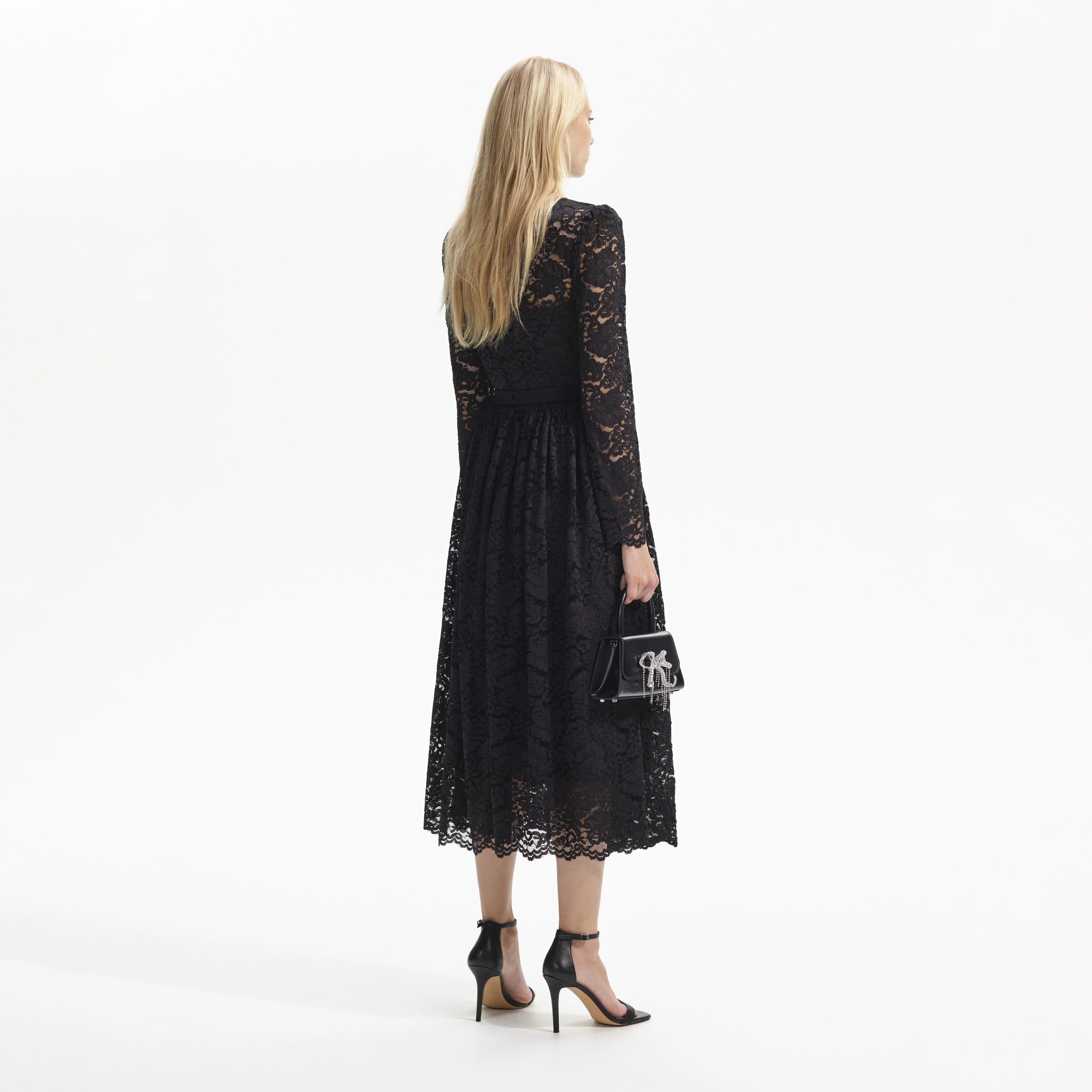 Black Cord Lace Long Sleeve Midi Dress - Image 3
