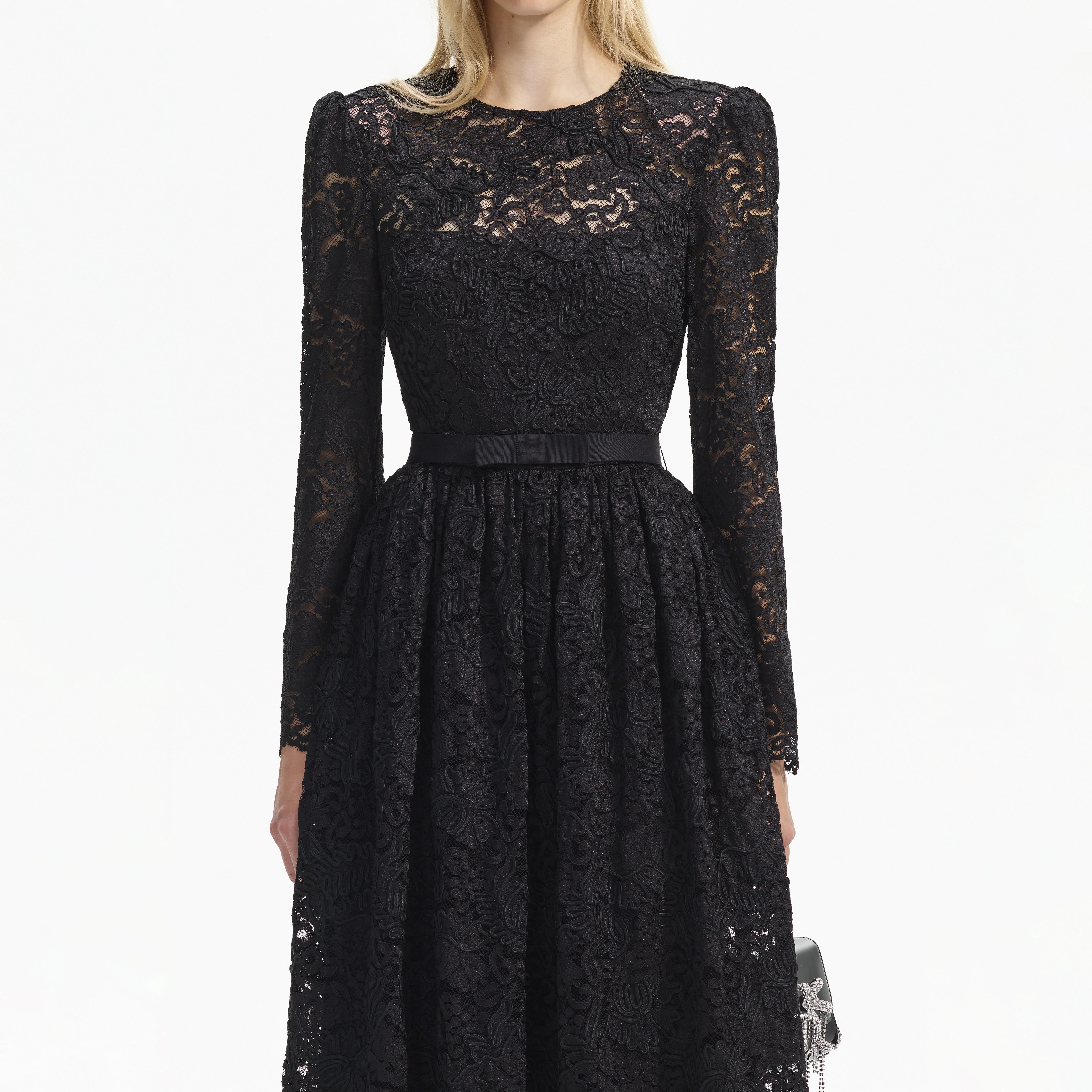 Black Cord Lace Long Sleeve Midi Dress - Image 4
