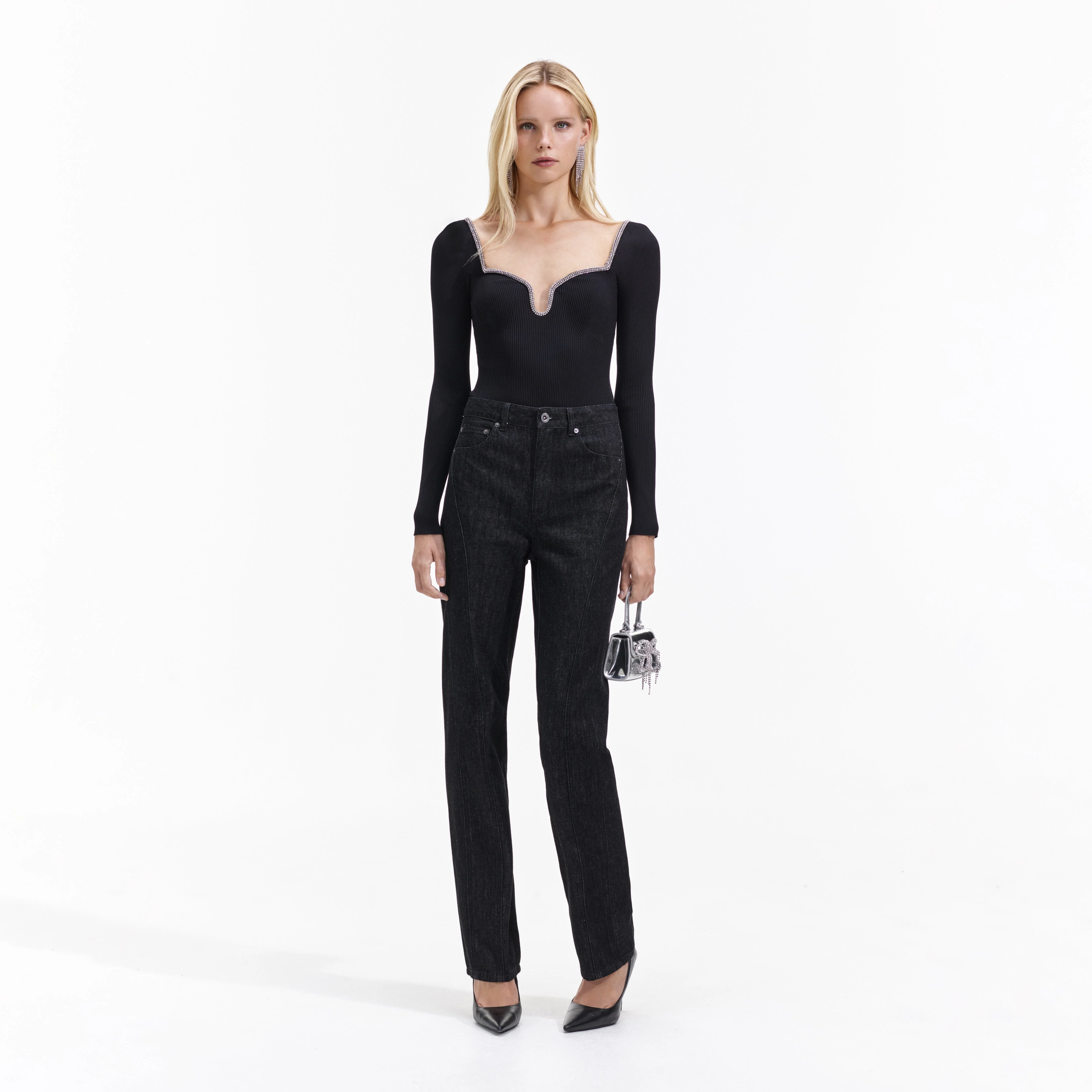 Black Knit Diamante Trim Top