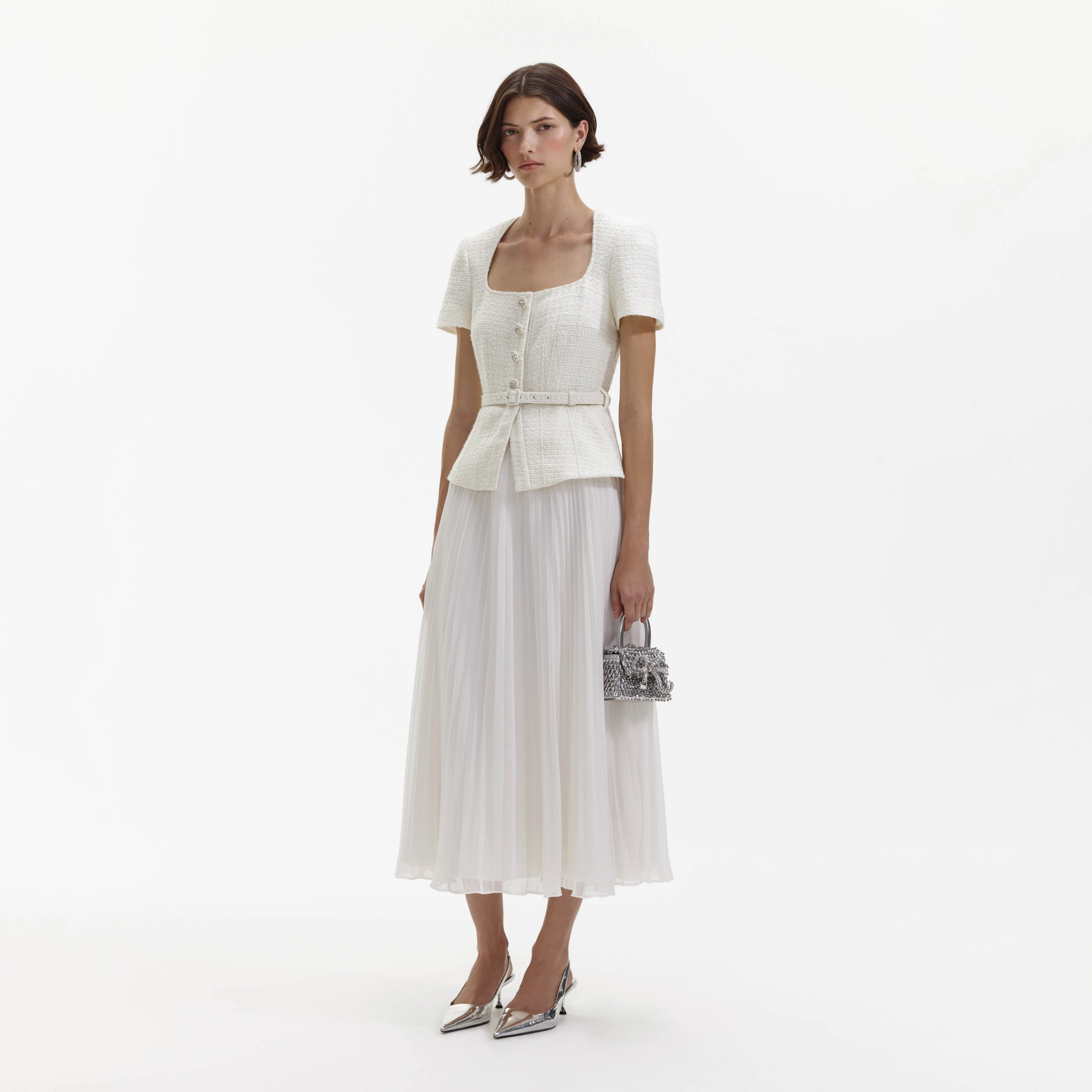 Cream Boucle Chiffon Midi Dress - Image 2
