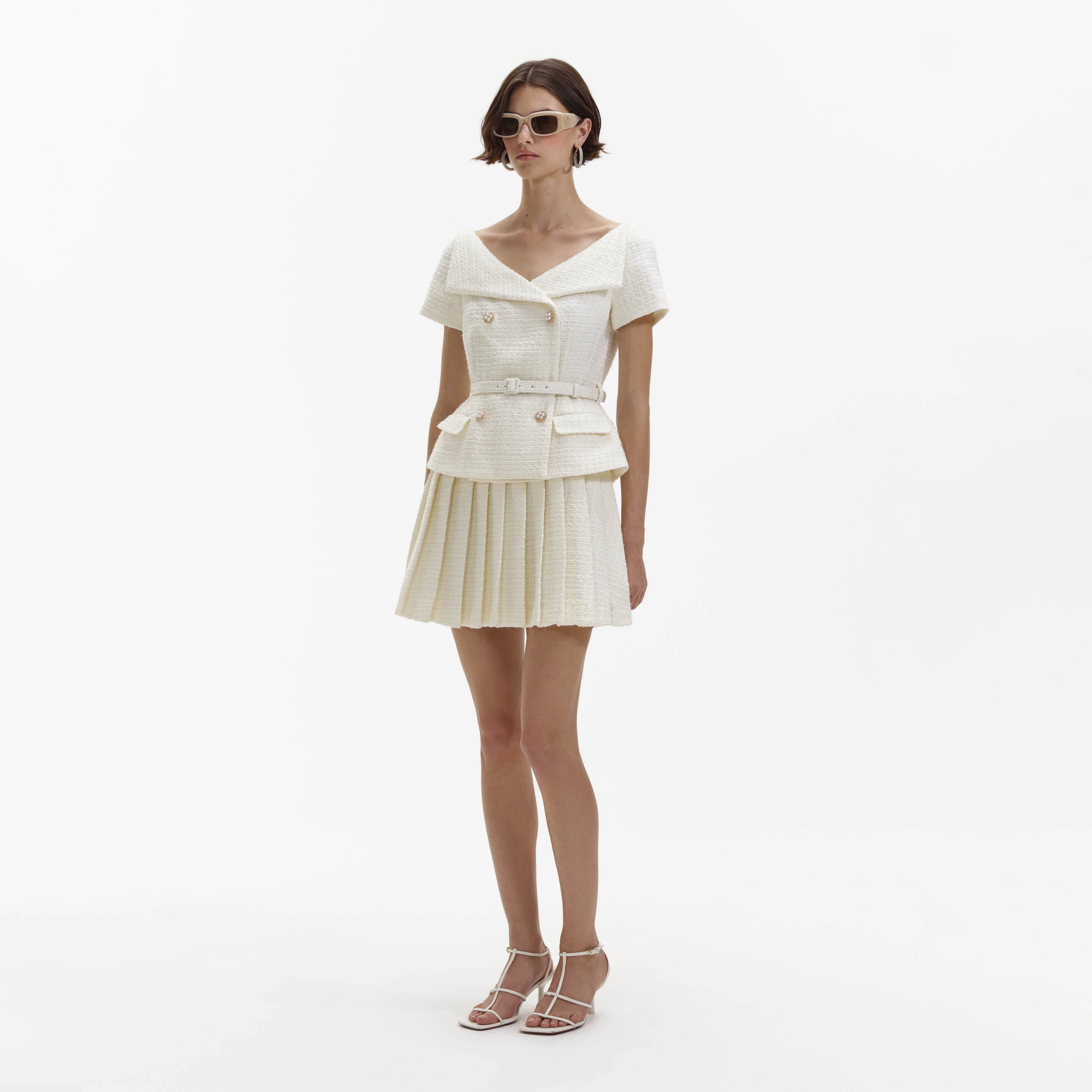 Cream Boucle Pleated Mini Dress - Image 2