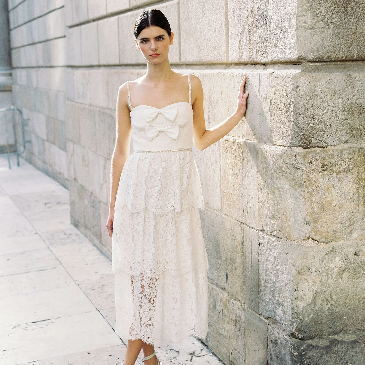 Cream Cord Lace Tiered Midi Dress - Image 3