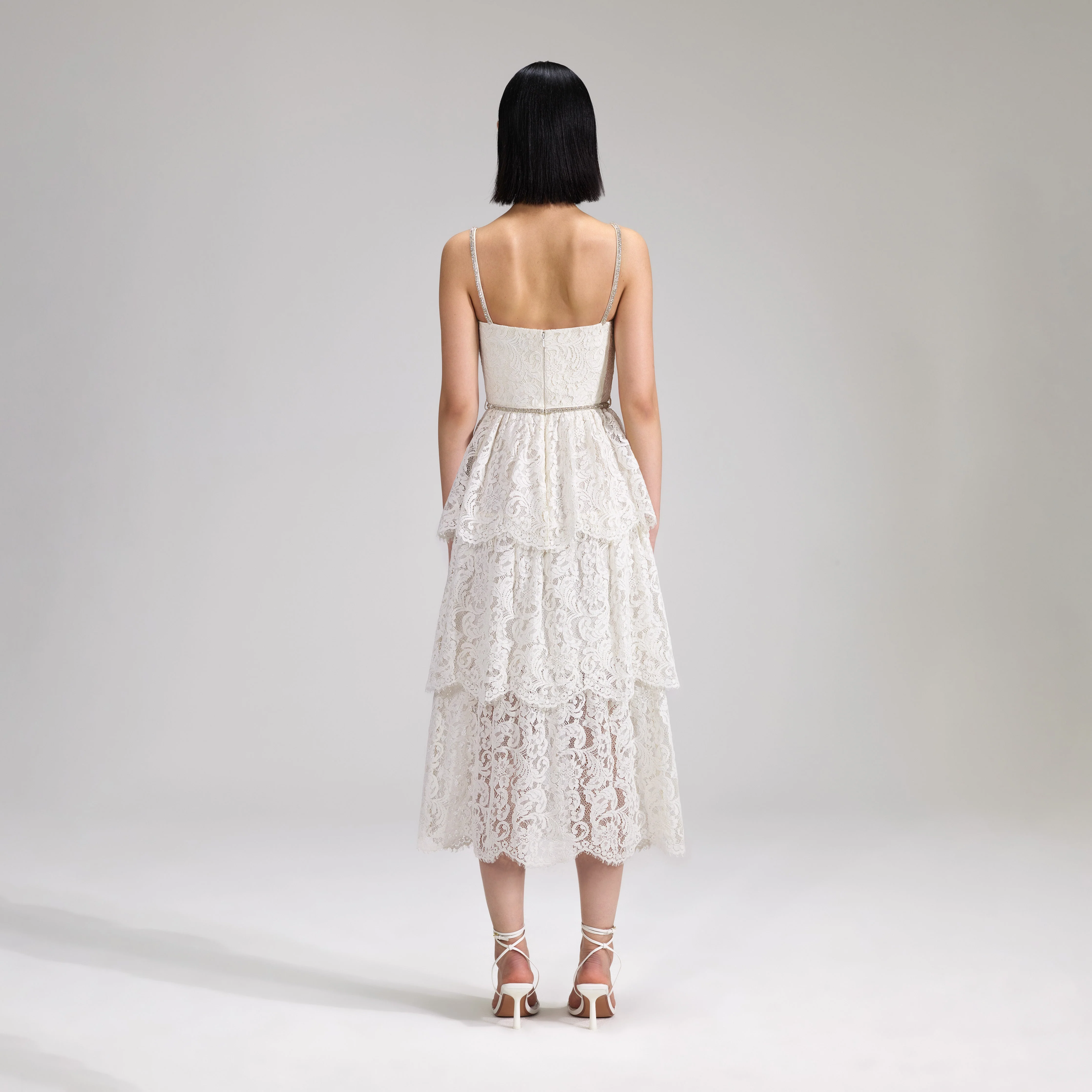 Cream Cord Lace Tiered Midi Dress - Image 4