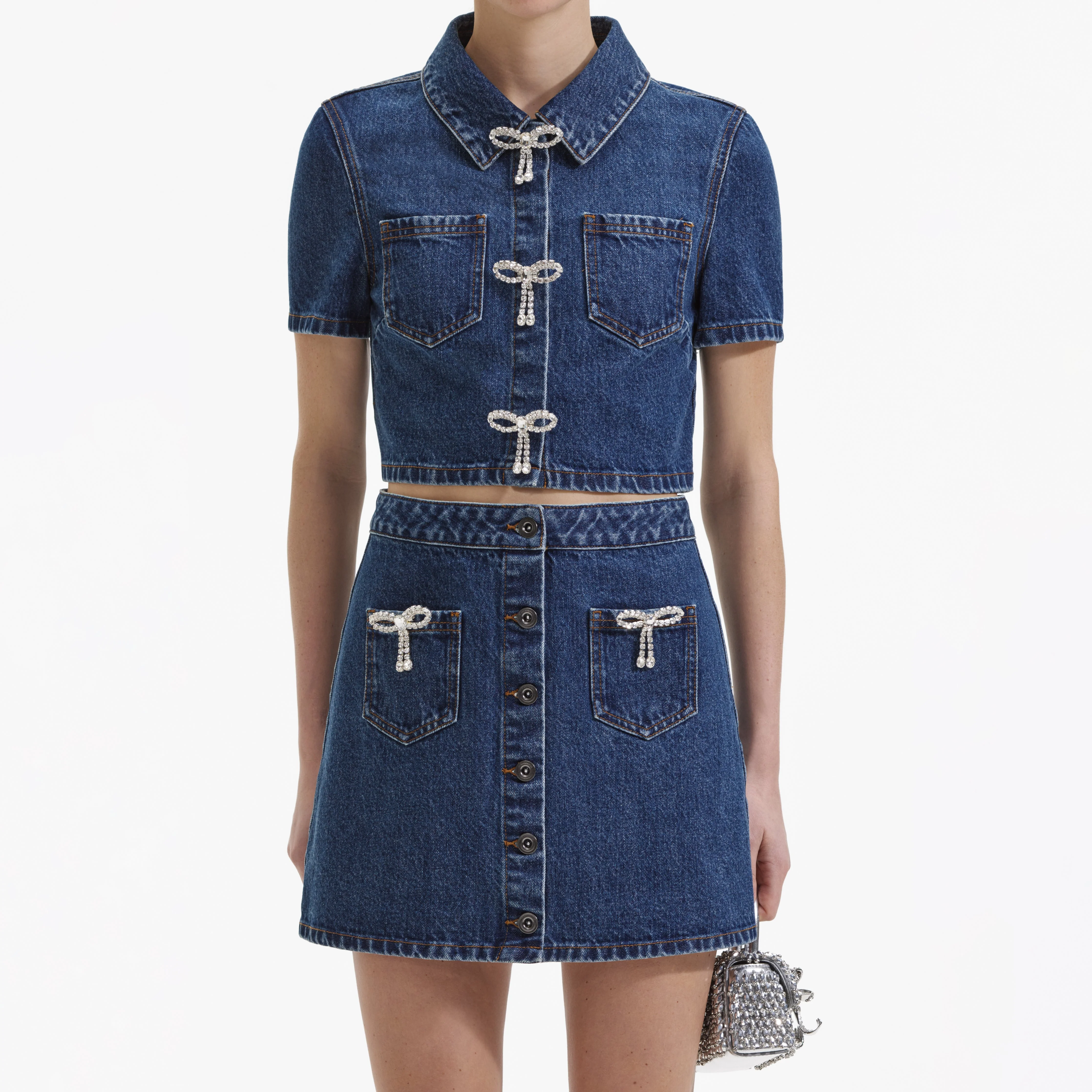 Diamante Bow Denim Mini Skirt - Image 4