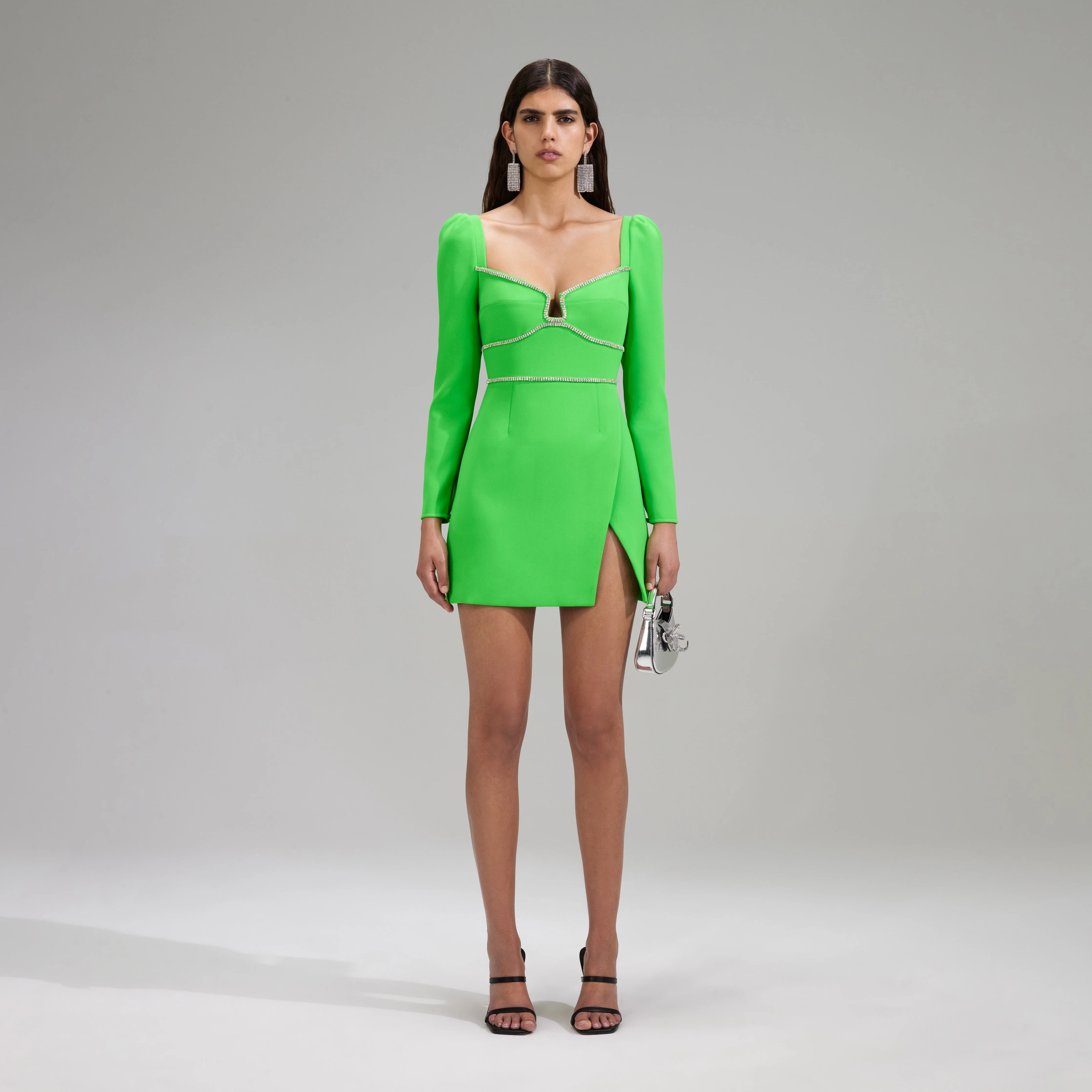 Green Crepe Rhinestone Detail Mini Dress