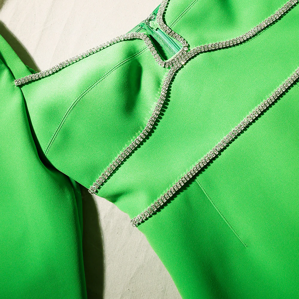 Green Crepe Rhinestone Detail Mini Dress - Image 4