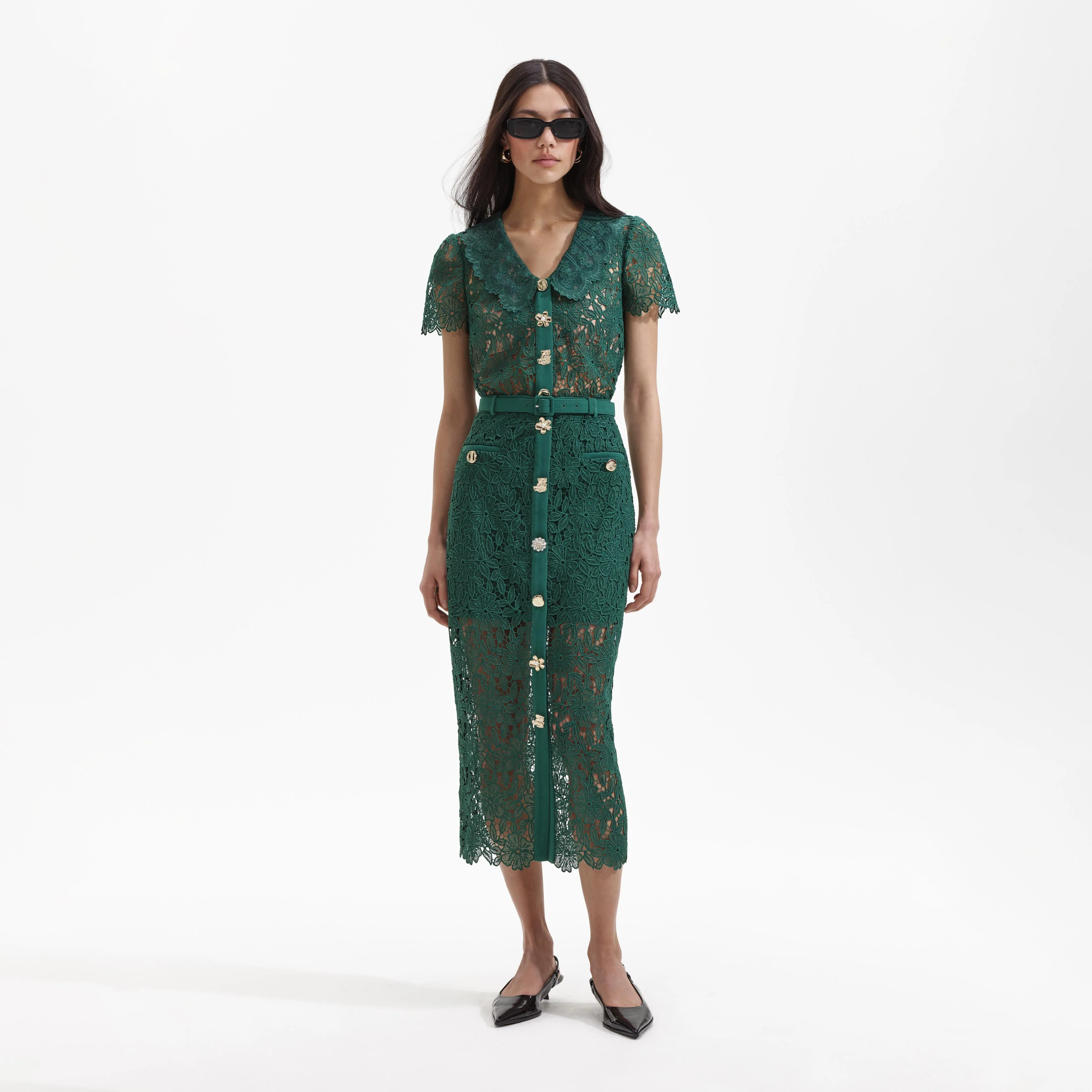 Green Guipure Lace Midi Skirt