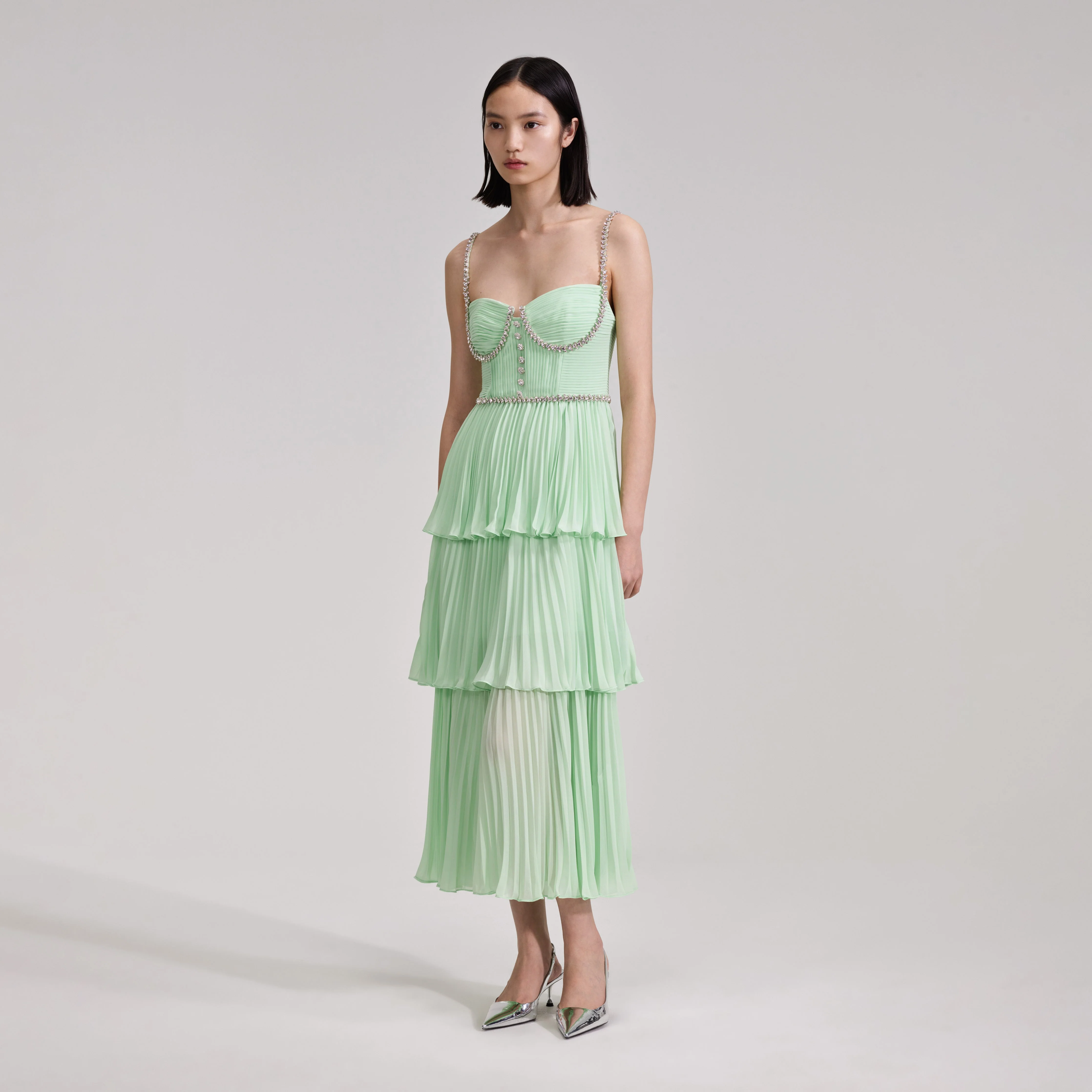Green Tiered Diamante Chiffon Midi Dress - Image 2
