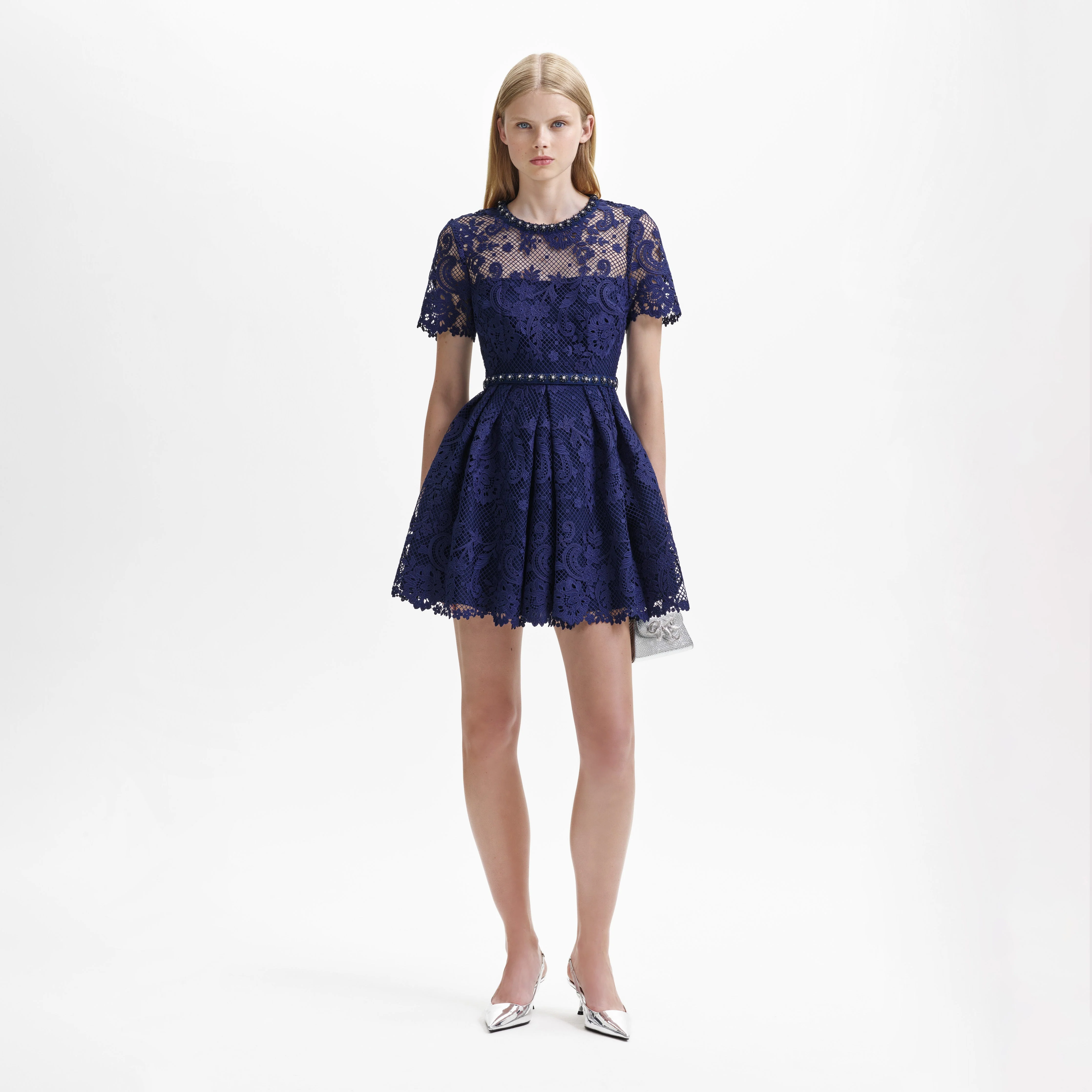 Navy Lace Embellished Mini Dress
