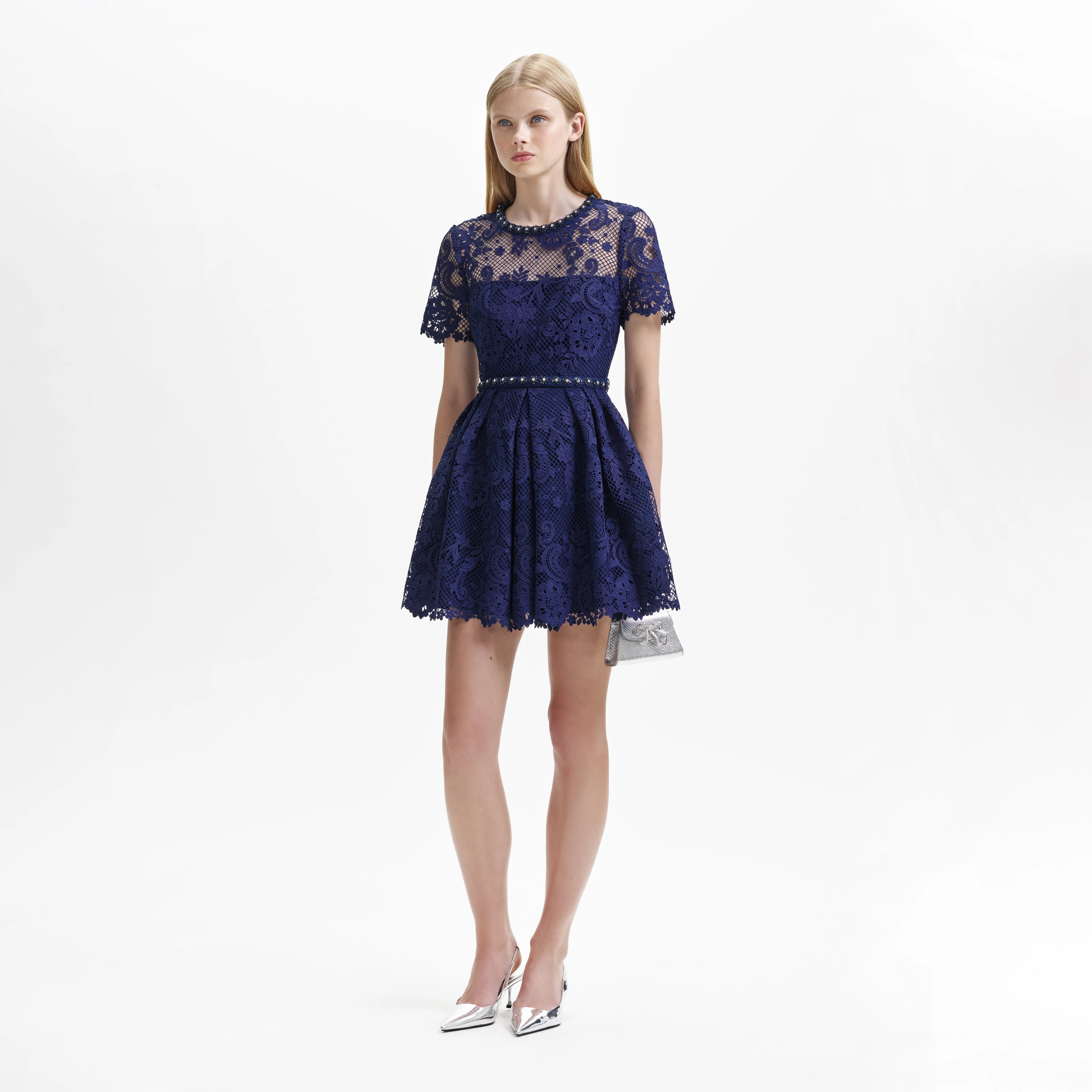 Navy Lace Embellished Mini Dress - Image 2
