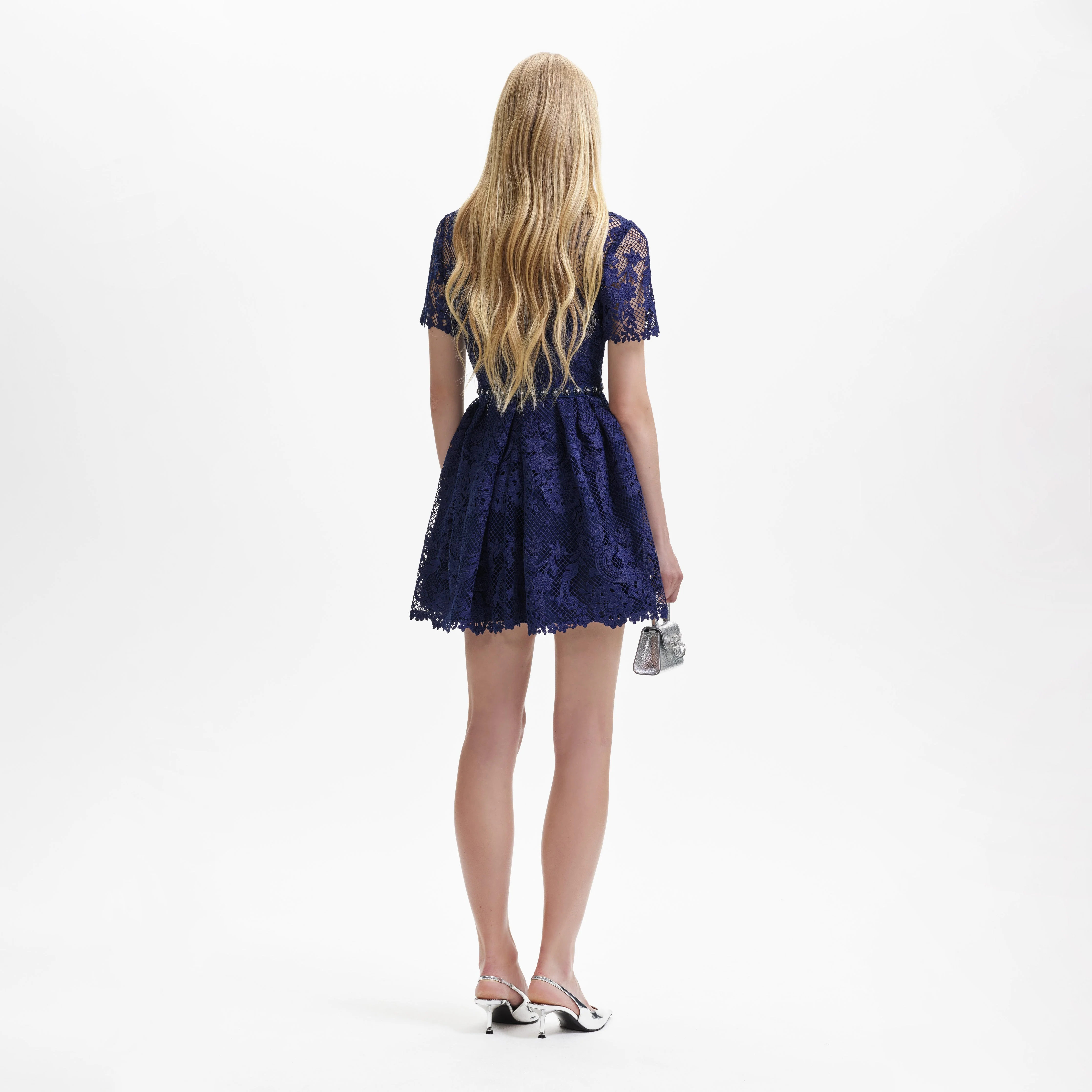Navy Lace Embellished Mini Dress - Image 3