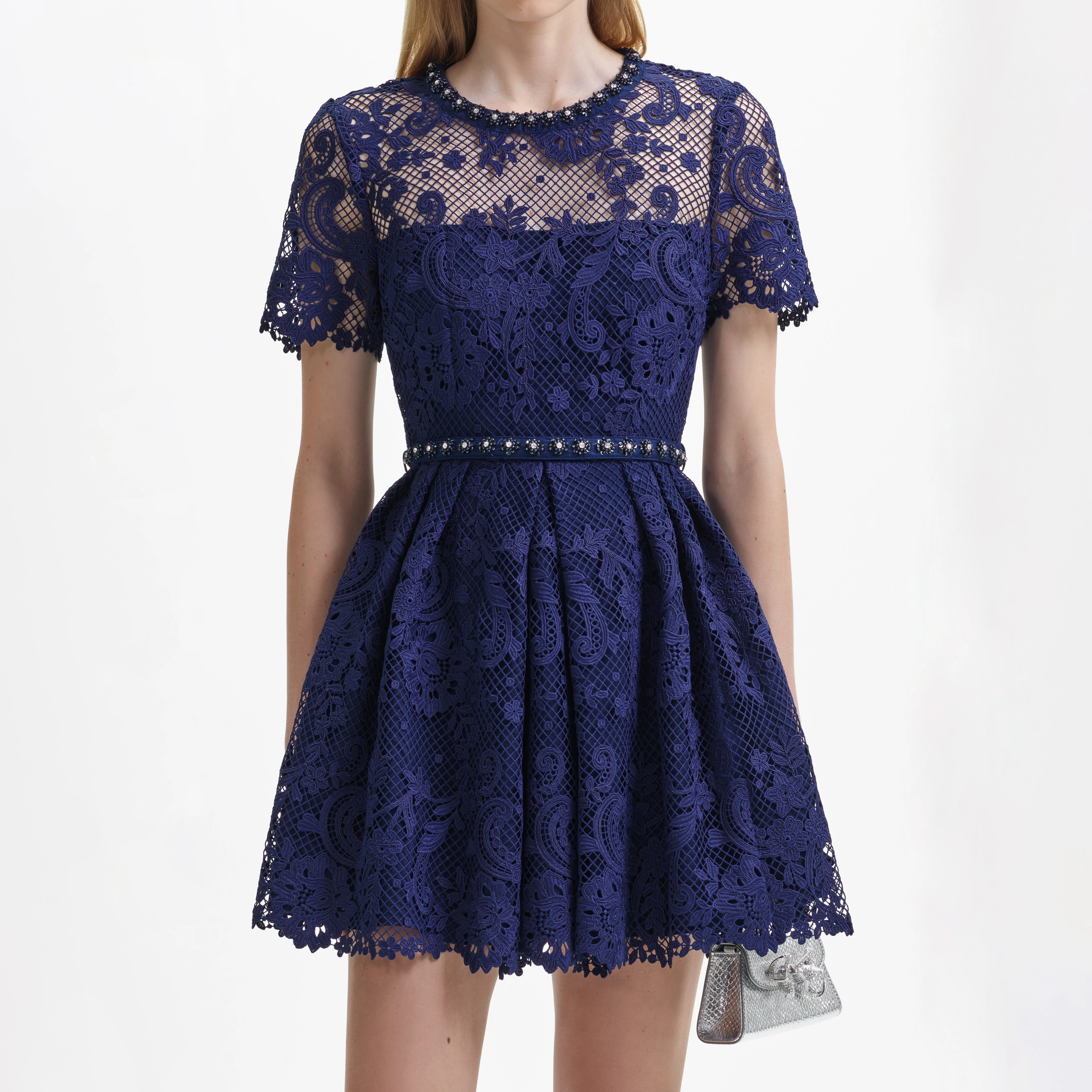 Navy Lace Embellished Mini Dress - Image 4
