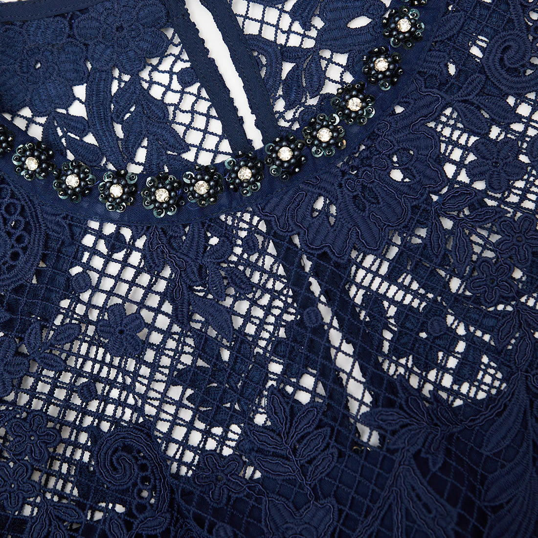 Navy Lace Embellished Mini Dress - Image 5