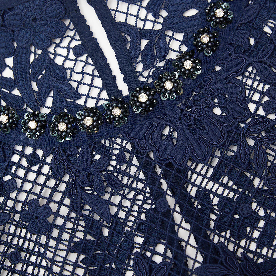 Navy Lace Embellished Mini Dress - Image 6