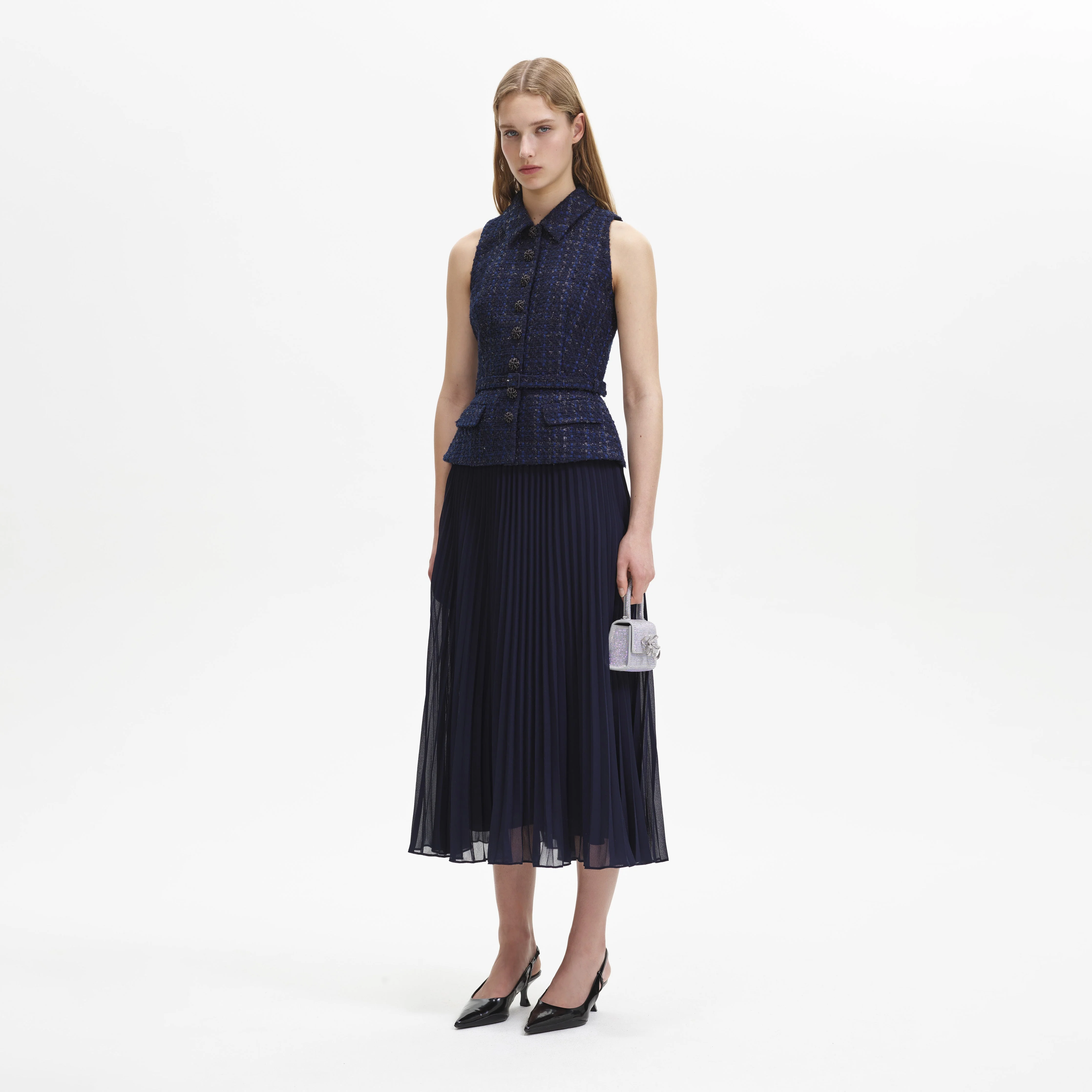 Navy Metallic Boucle Chiffon Midi Dress - Image 2
