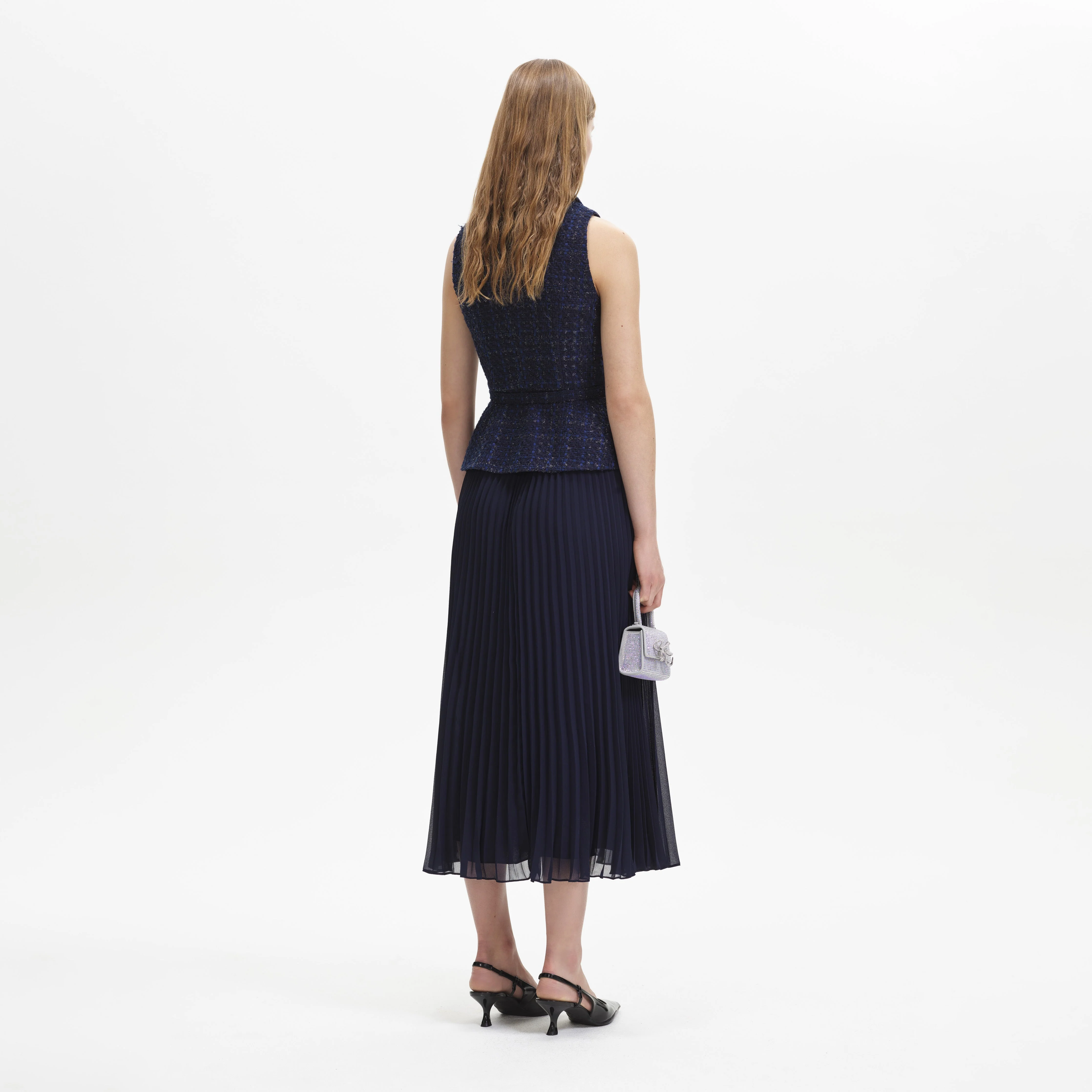 Navy Metallic Boucle Chiffon Midi Dress - Image 3