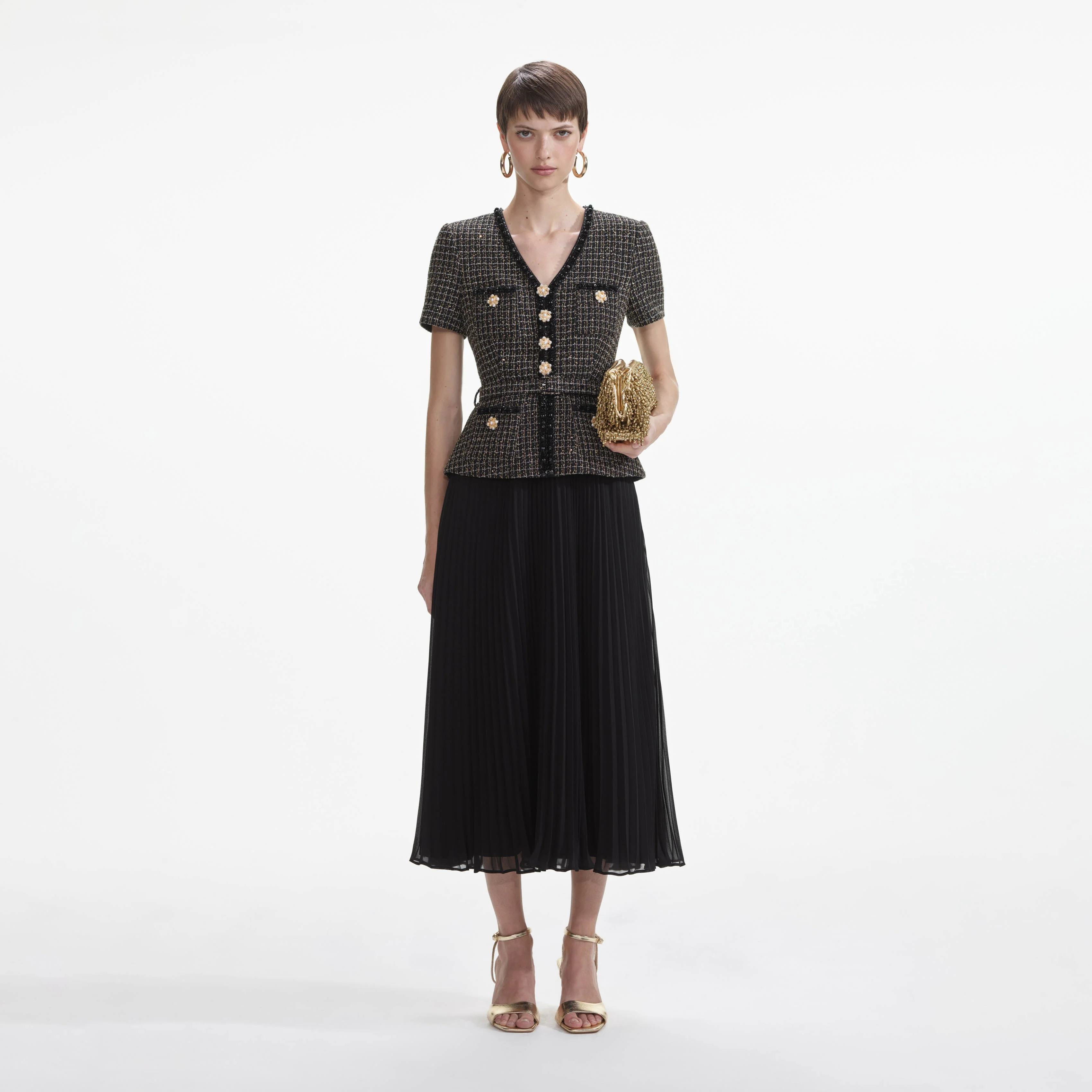 Black Boucle Chiffon Midi Dress